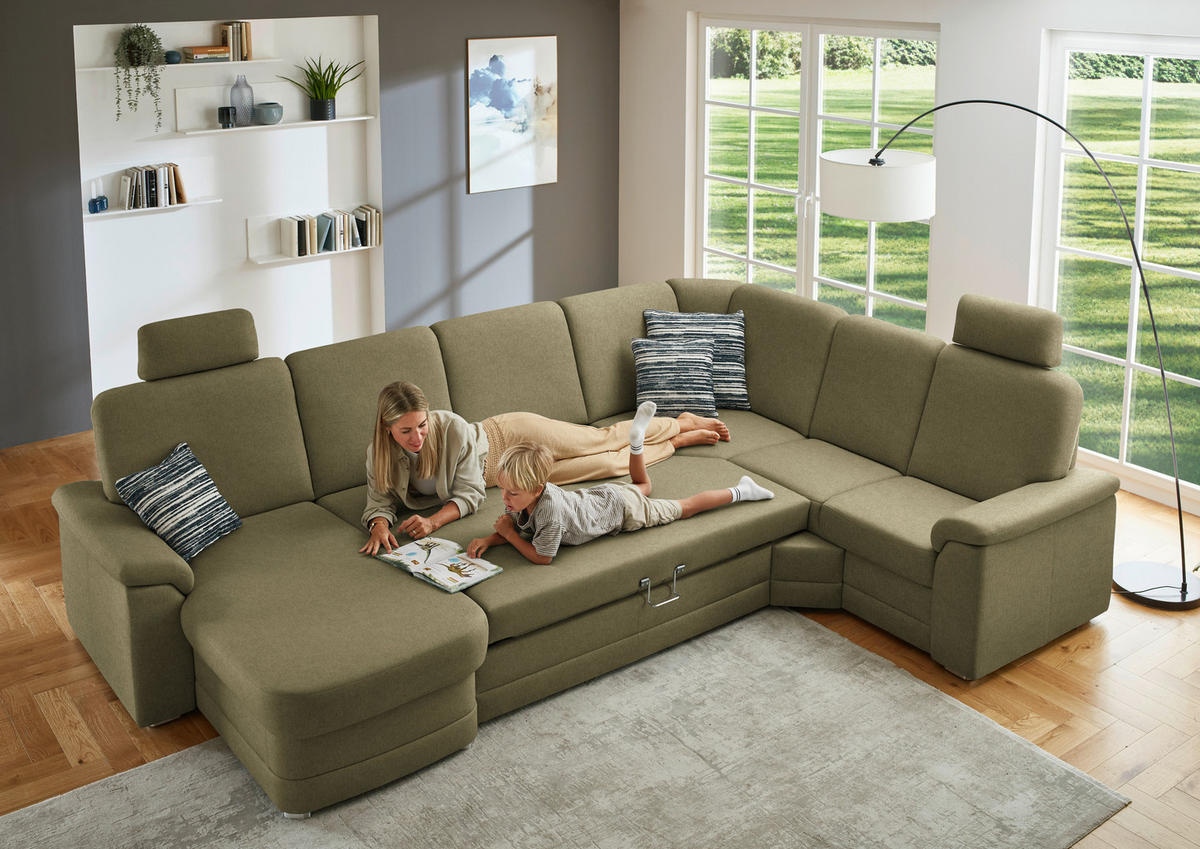 WOHNLANDSCHAFT  in Chenille Schilfgrün  - Schilfgrün/Alufarben, KONVENTIONELL, Holz/Textil (160/329/235cm) - Beldomo Comfort