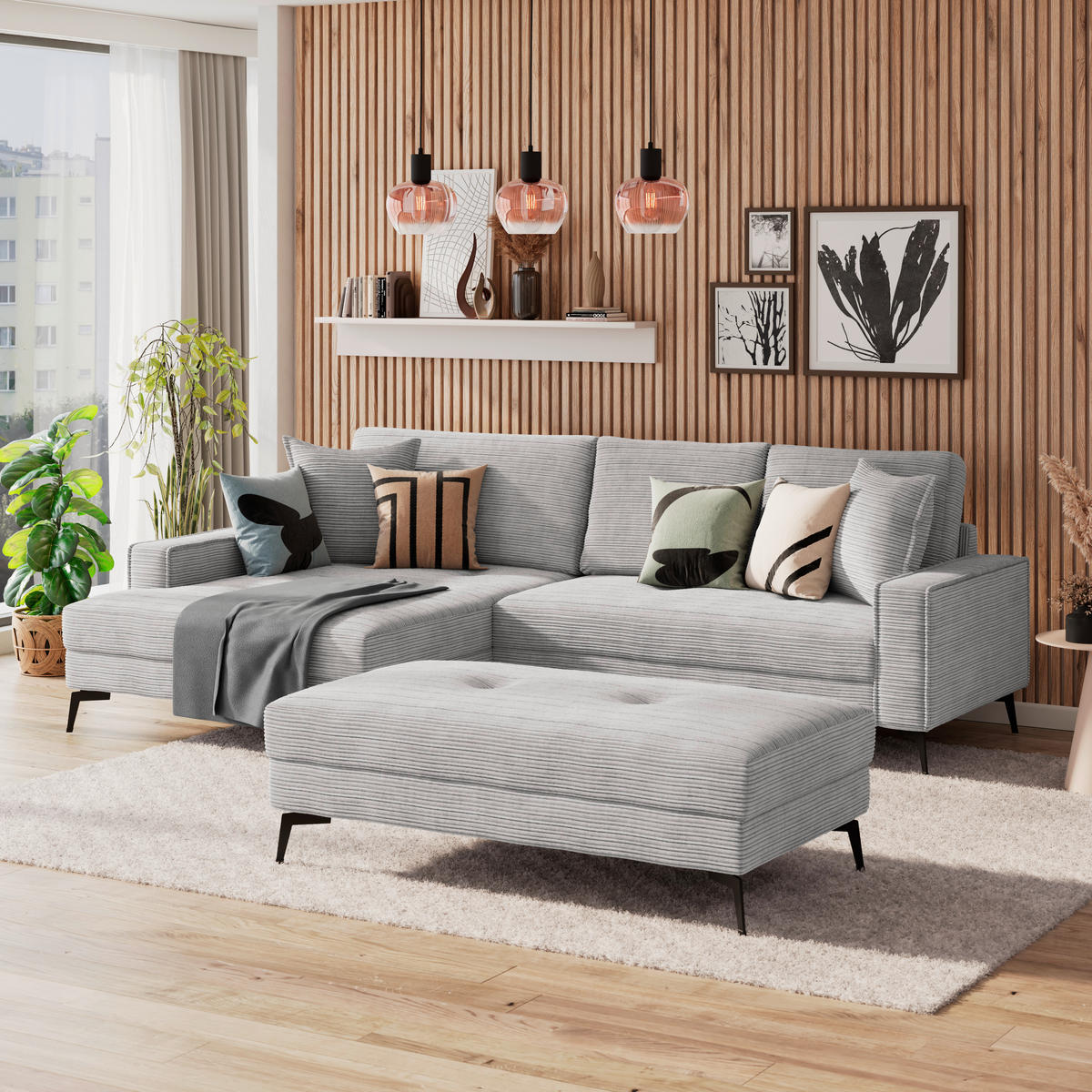 ECKSOFA ZERO Hellgrau Cord Zierkissen, Rückenkissen  - Hellgrau/Schwarz, Trend, Textil/Metall (173/286cm) - Livetastic