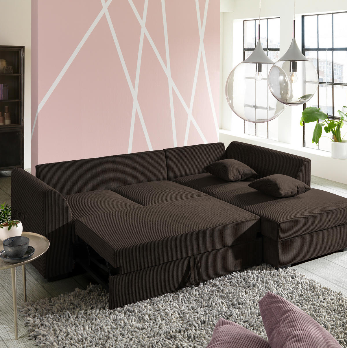 ECKSOFA in Cord Dunkelbraun  - Dunkelbraun/Schwarz, Design, Kunststoff/Textil (259/174cm) - Cantus