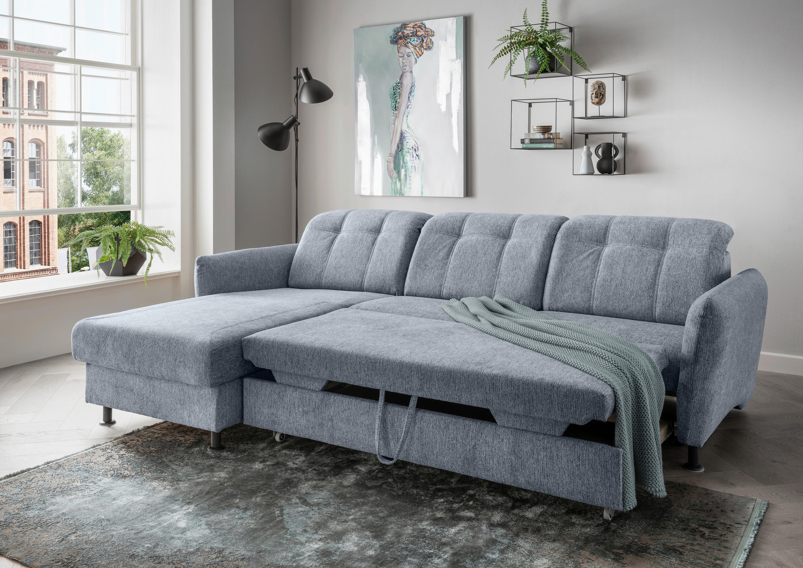 ECKSOFA in Chenille Hellblau  - Schwarz/Hellblau, Modern, Textil/Metall (184/267cm) - Livetastic