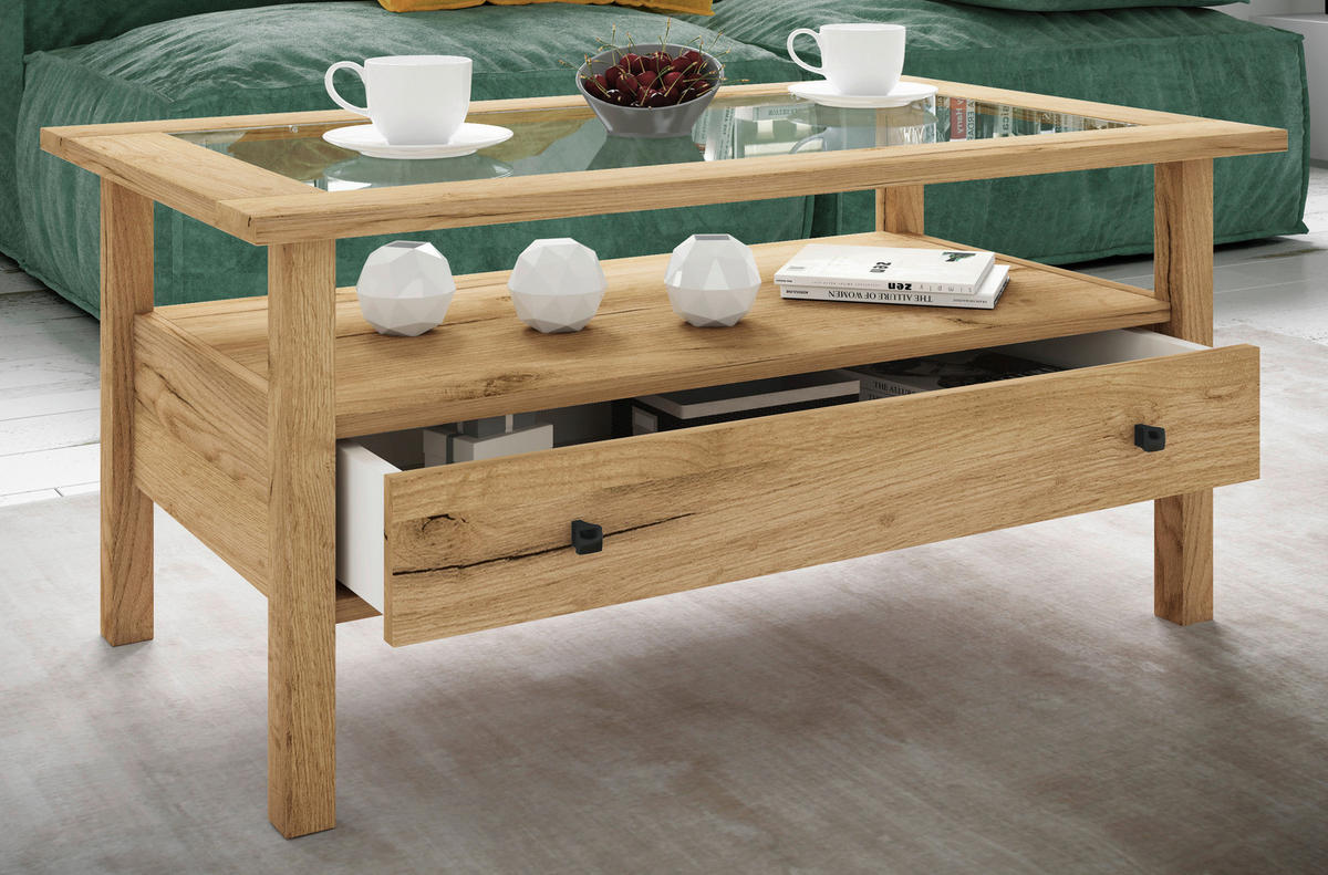 COUCHTISCH in Glas, Holzwerkstoff  - Honigeiche/Schwarz, Lifestyle, Glas/Holzwerkstoff (90/42/54cm) - MID.YOU