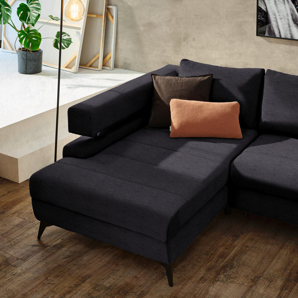 ECKSOFA in Chenille Schwarz  - Schwarz, Konventionell, Textil/Metall (184/265cm) - Hom`in