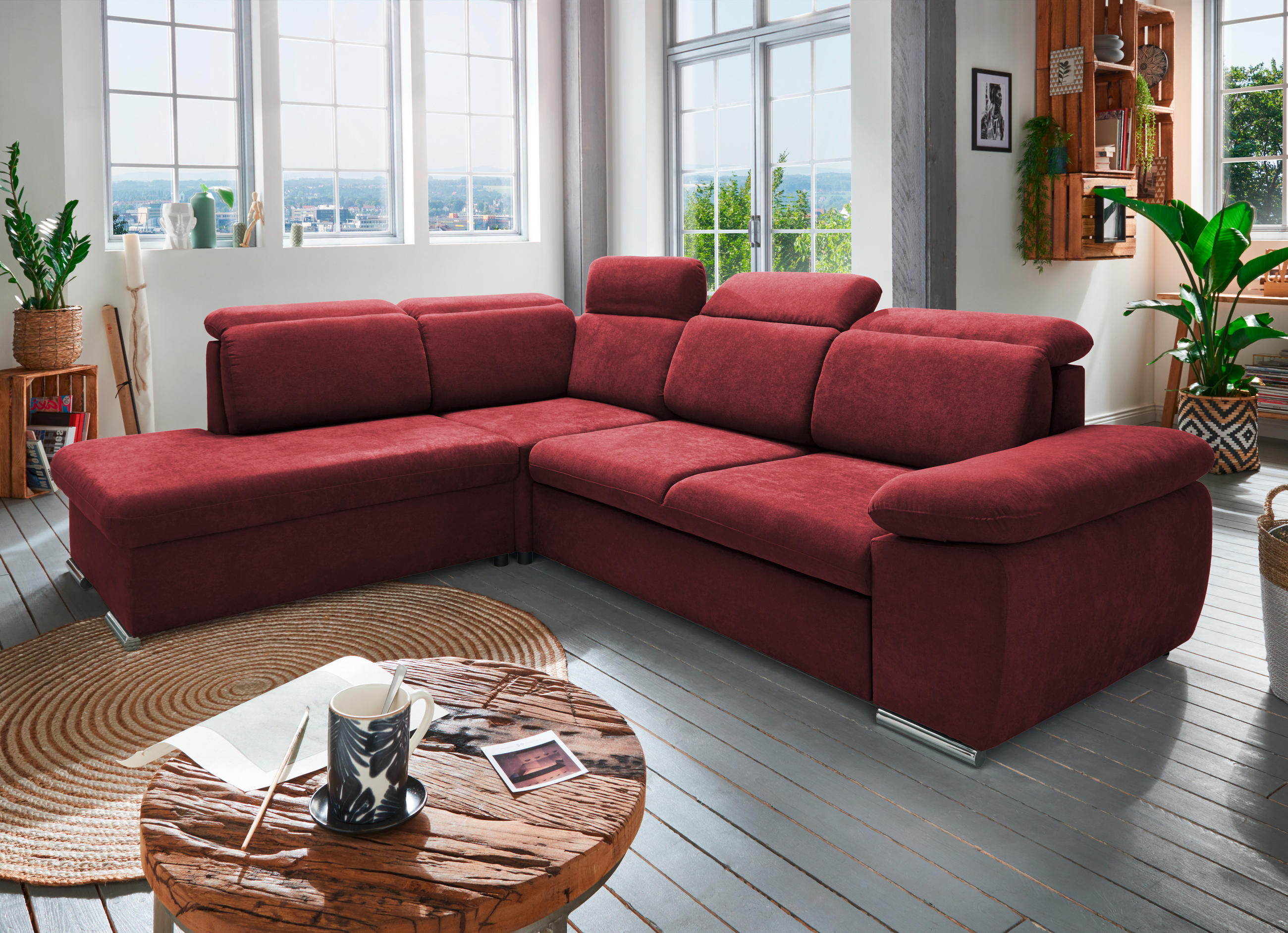 ECKSOFA in Mikrofaser Bordeaux  - Chromfarben/Bordeaux, Design, Textil/Metall (228/283cm) - Livetastic