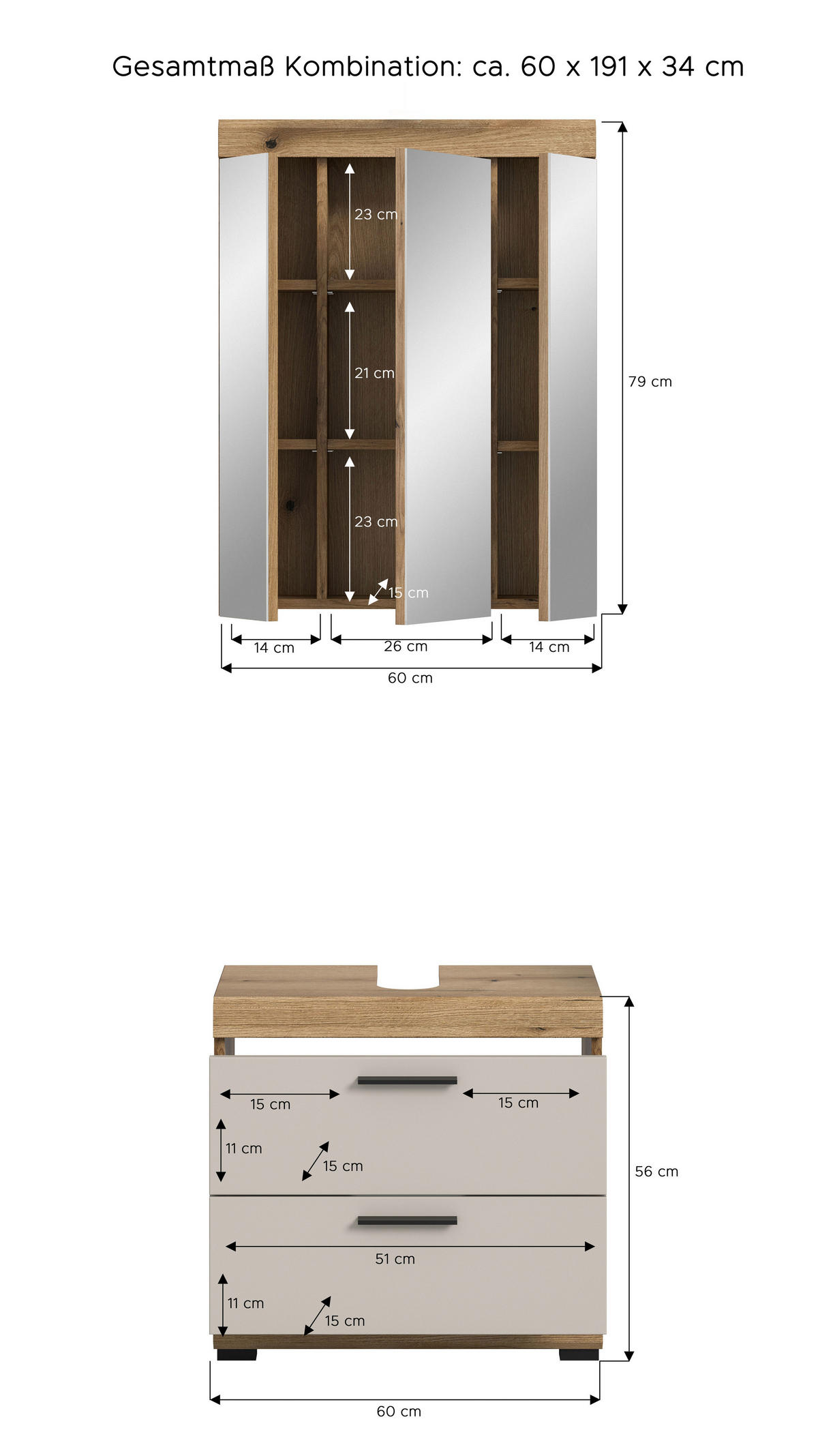 BADEZIMMER 2-teilig  in 60 cm  - Kaschmir/Schwarz, MODERN, Glas/Holzwerkstoff (60cm) - MID.YOU