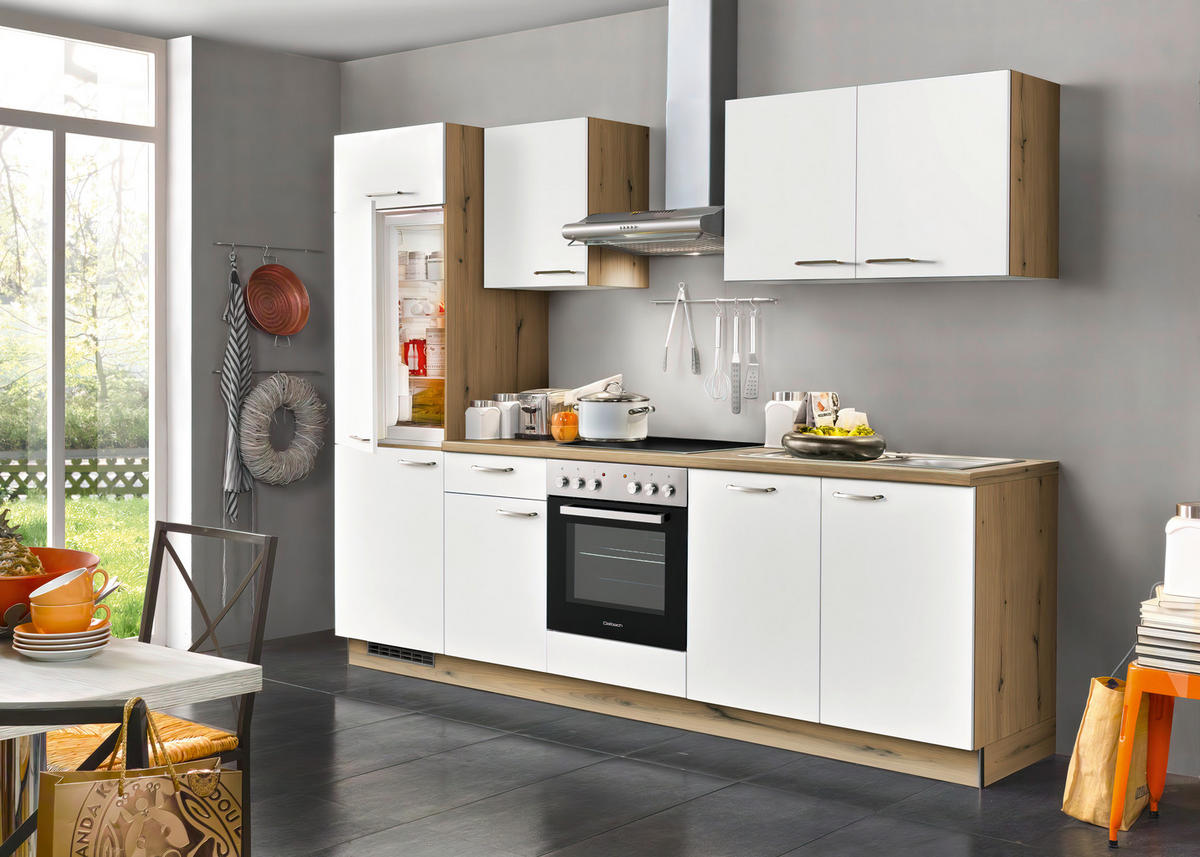 KÜCHENBLOCK 280 cm   in Weiß, Eichefarben  - Edelstahlfarben/Eichefarben, KONVENTIONELL, Holzwerkstoff/Metall (280cm) - Welnova