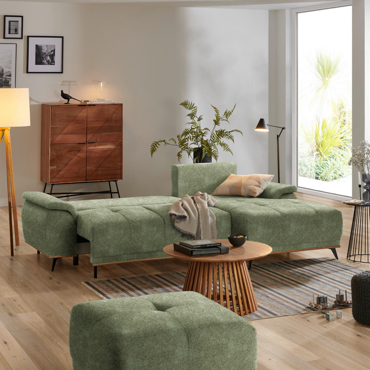ECKSOFA in Struktur Olivgrün  - Schwarz/Olivgrün, Modern, Textil/Metall (262/168cm) - home24