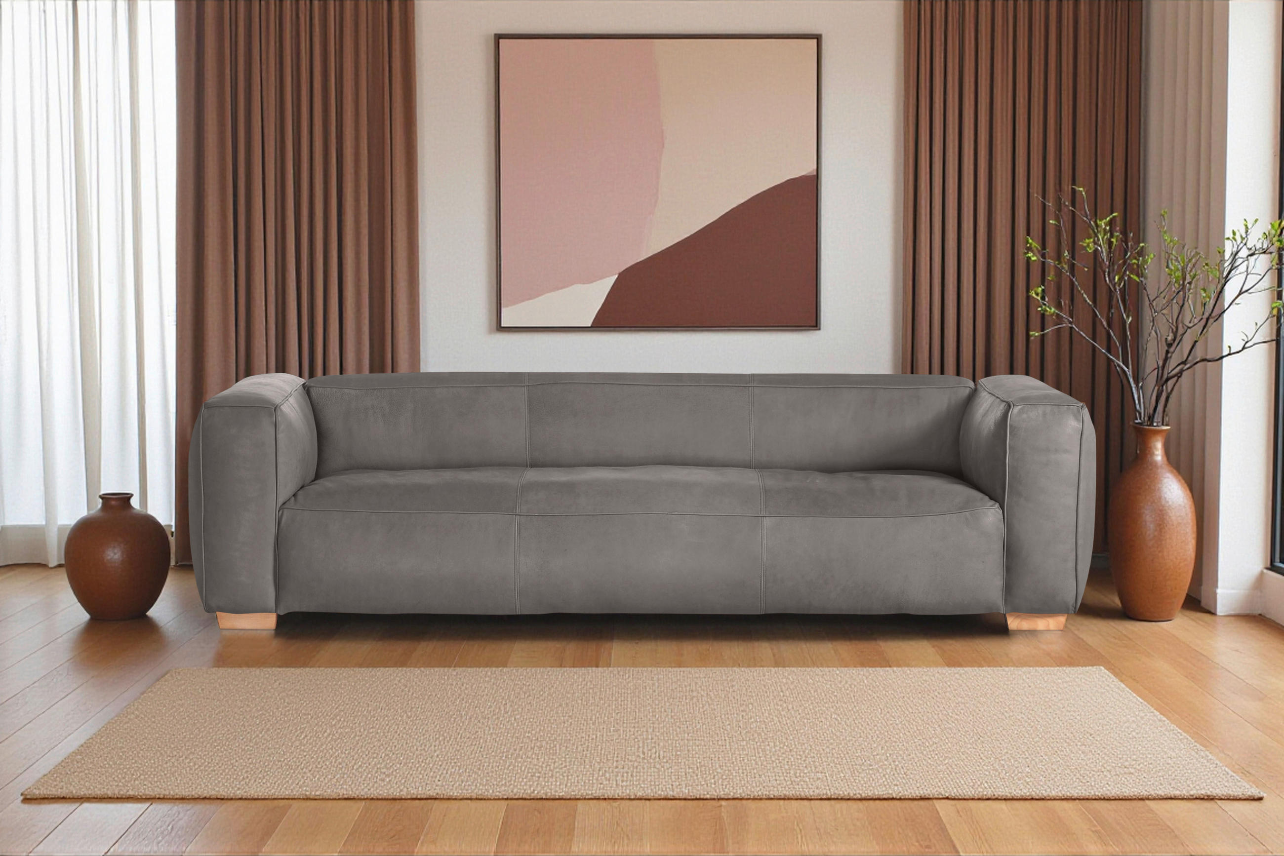 Thumbnail - Hom`in Bigsofa, Grau, Leder, Echtleder, Anilinleder, Buche, massiv, 2-3-Sitzer, 255x70x110 cm, Rücken echt, Wohnzimmer, ...