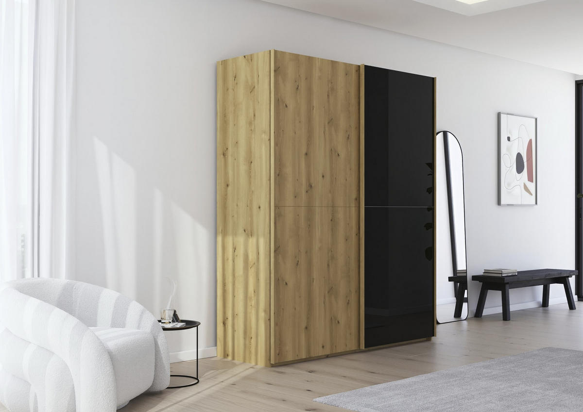 SCHWEBETÜRENSCHRANK 180/223/68 cm 2-türig Schwarz, Eichefarben  - Eichefarben/Schwarz, Design, Glas/Holz (180/223/68cm) - Novel