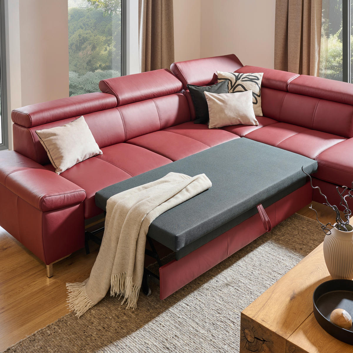 ECKSOFA in Echtleder Bordeaux  268/213 cm  - Chromfarben/Bordeaux, Design, Leder/Metall (268/213cm) - Stylife