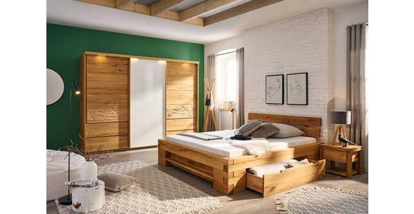 SCHWEBETÜRENSCHRANK in Weiß, Eichefarben - Eichefarben/Weiß, Natur, Glas/Holz (285/216/70cm) - Linea Natura