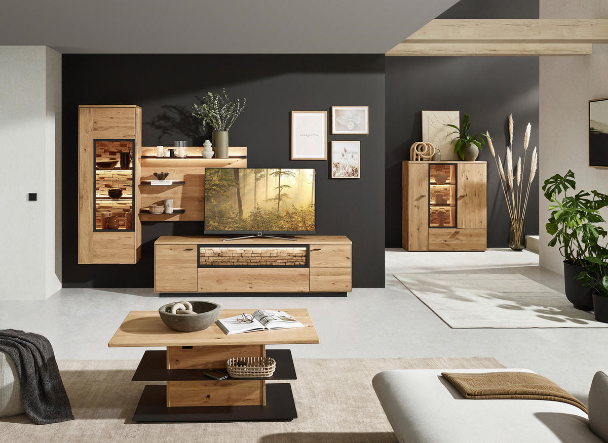 WOHNWAND  in Wildeiche  293,8/207,1/37,1 cm  - Wildeiche/Graphitfarben, Natur, Glas/Holz (293,8/207,1/37,1cm) - Valnatura