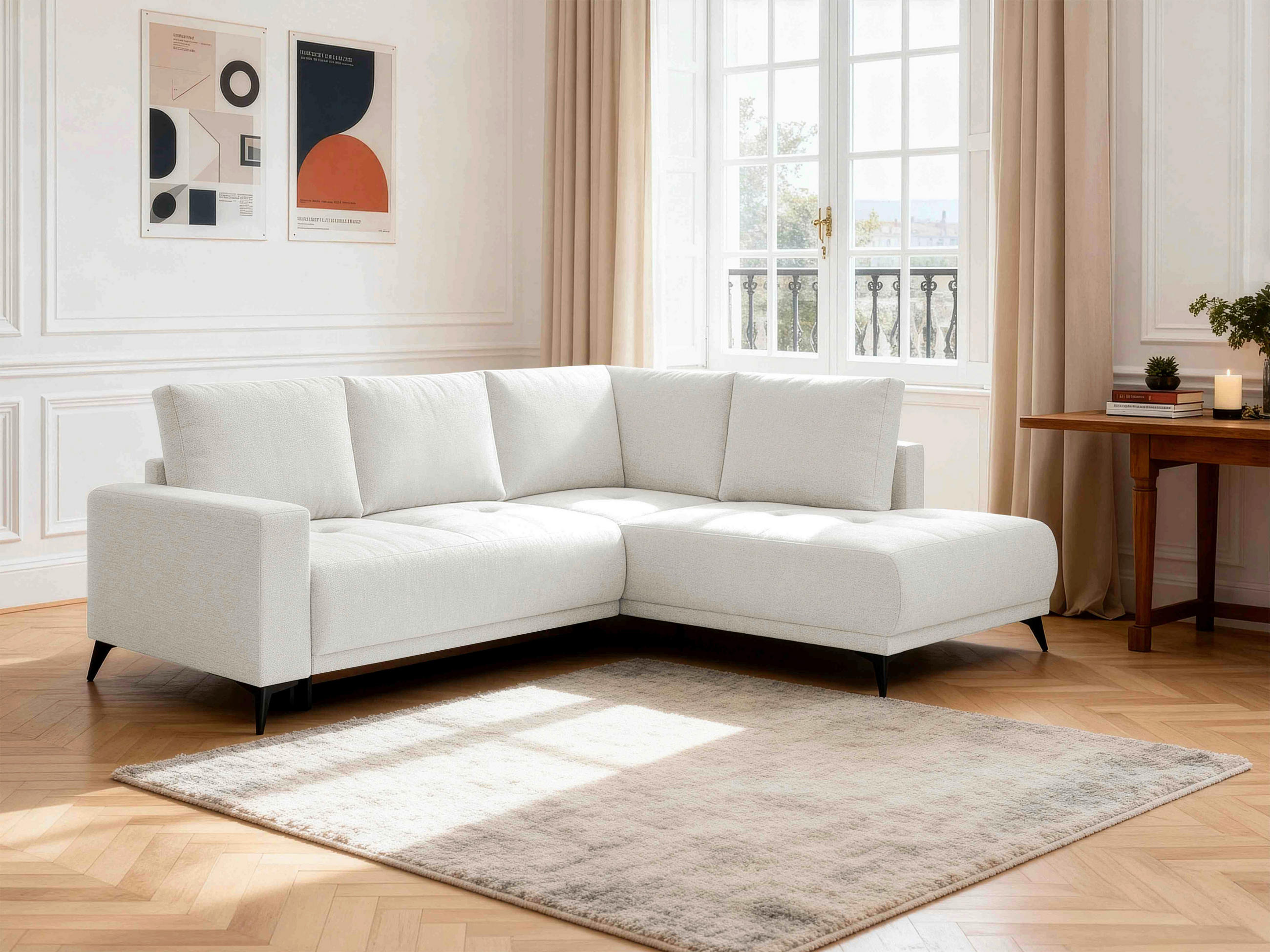 ECKSOFA RAFAEL Weiß Struktur Rückenkissen, Bettkasten  - Schwarz/Weiß, Design, Textil/Metall (269/218cm) - P & B