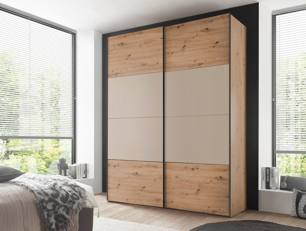 SCHWEBETÜRENSCHRANK 167/222/68 cm 2-türig Eiche Artisan, Elfenbein  - Elfenbein/Schwarz, Design, Holzwerkstoff/Metall (167/222/68cm) - Dieter Knoll