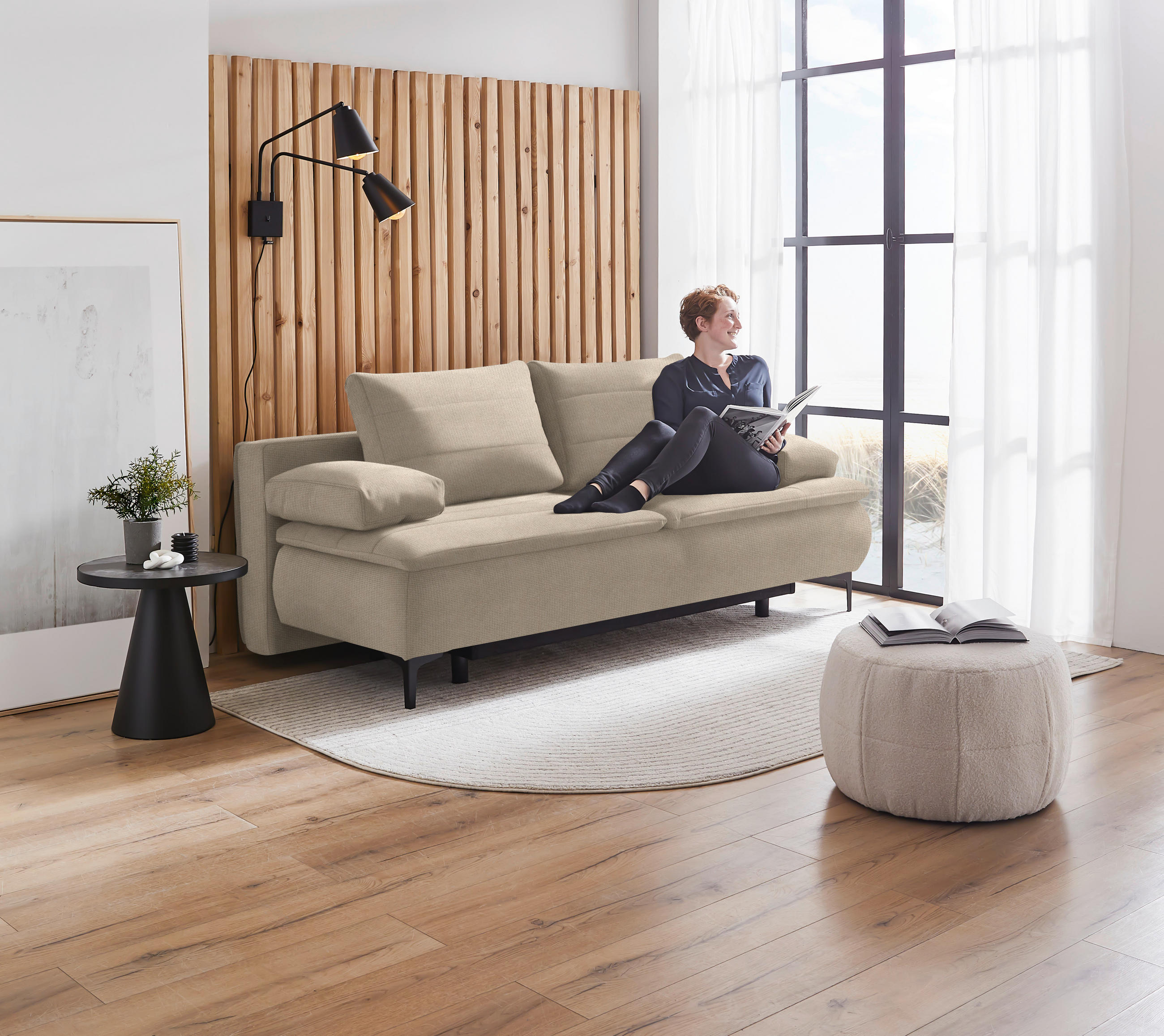 BOXSPRINGSOFA in Flachgewebe Hellbraun  - Hellbraun/Schwarz, KONVENTIONELL, Textil/Metall (204/93/100cm) - Novel