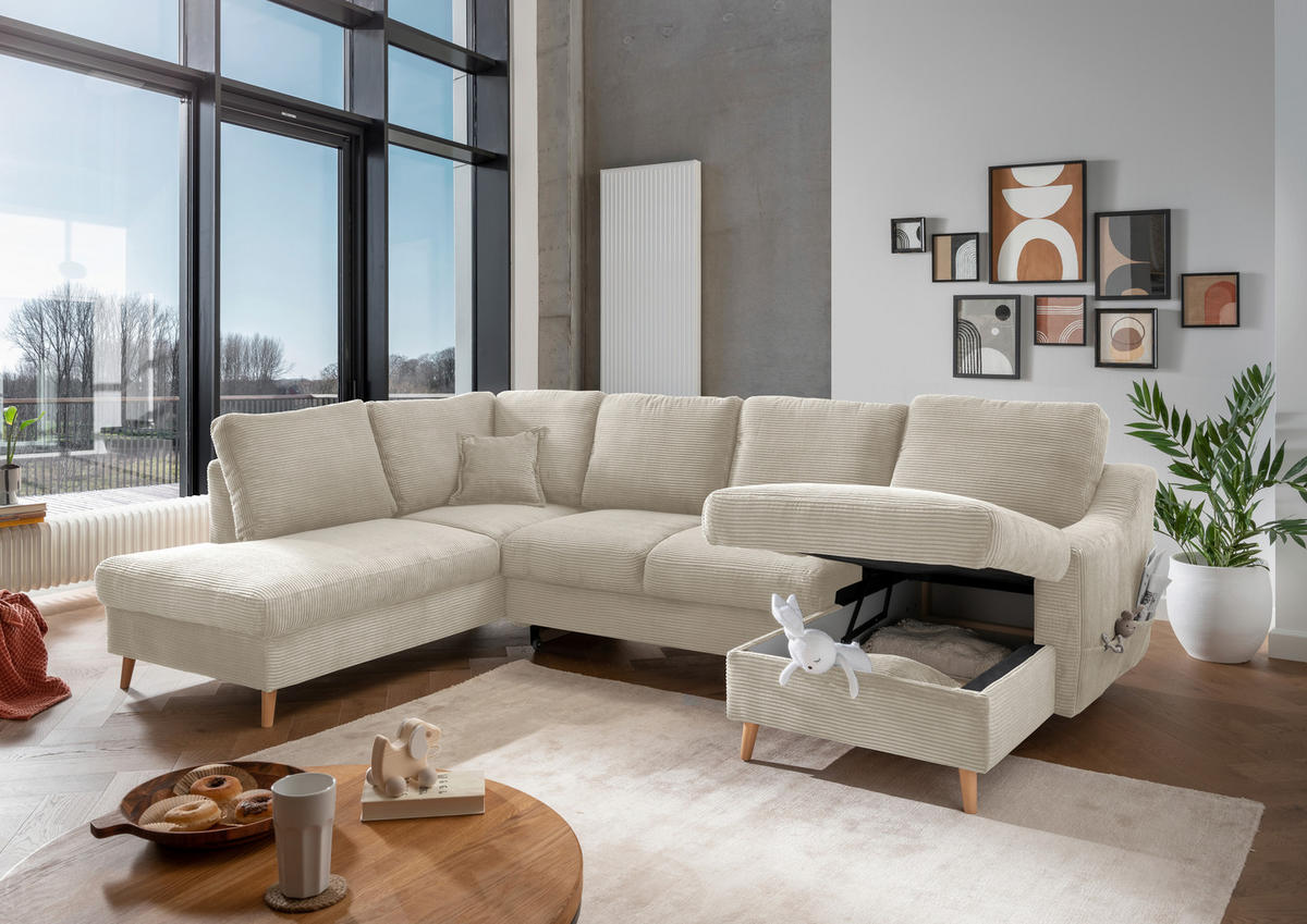 WOHNLANDSCHAFT in Cord Beige  - Beige/Naturfarben, KONVENTIONELL, Holz/Textil (200/301/150cm) - P & B