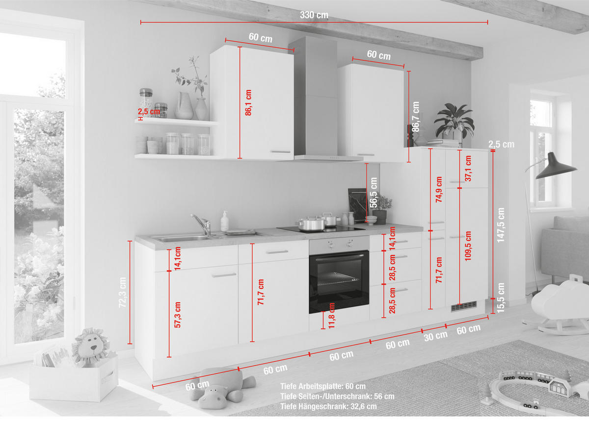 KÜCHENLEERBLOCK 330 cm   in Graphitfarben  - Eichefarben/Schwarz, Design, Holzwerkstoff/Metall (330cm) - Impuls