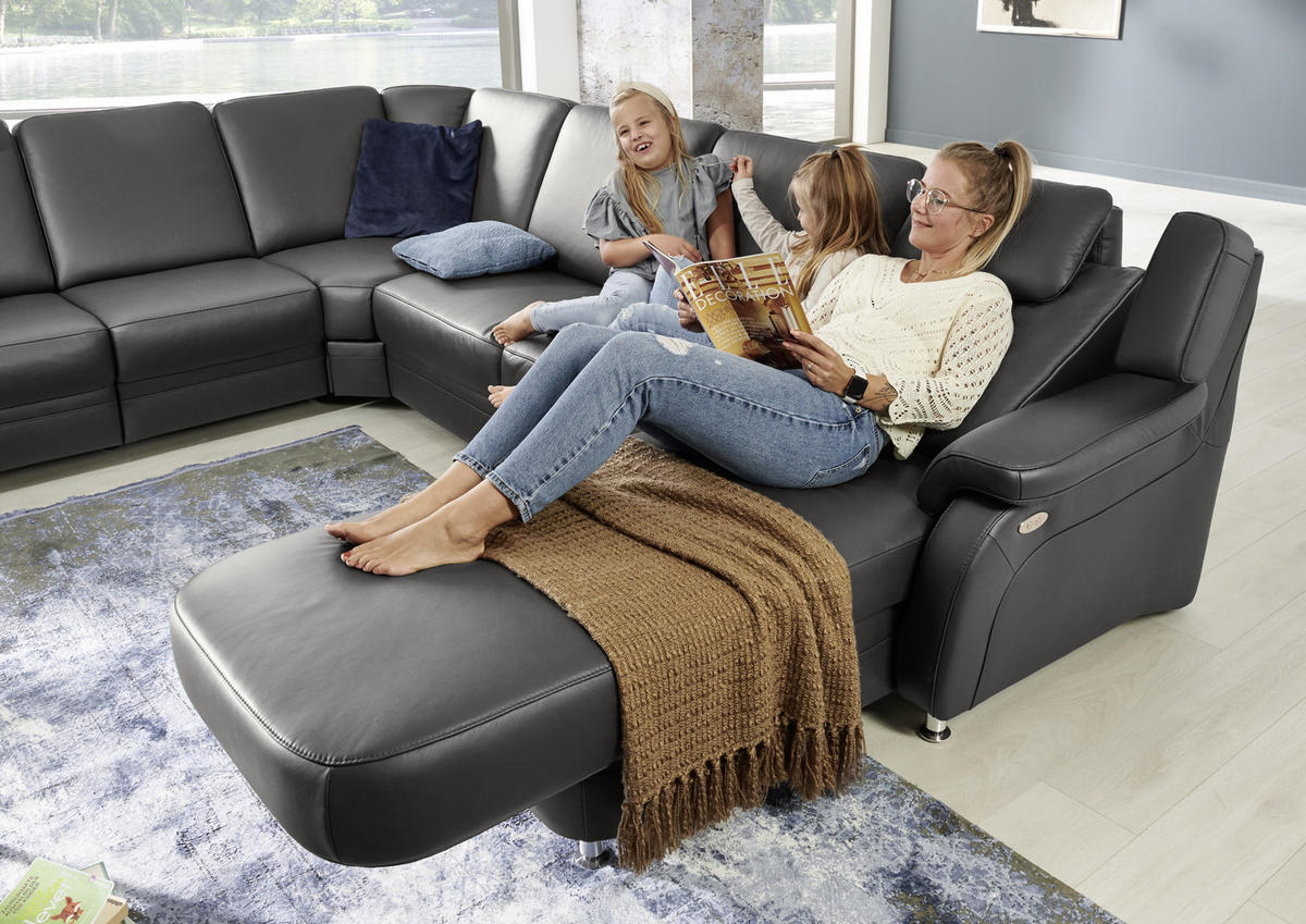 WOHNLANDSCHAFT in Echtleder Anthrazit  - Anthrazit/Alufarben, Konventionell, Leder/Metall (239/329/165cm) - Beldomo Premium