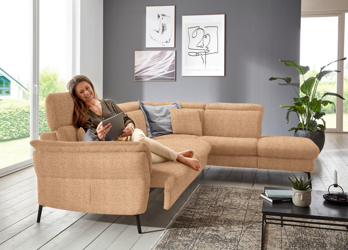 ECKSOFA in Struktur Cognac  - Cognac/Schwarz, Modern, Textil/Metall (275/235cm) - Cantus