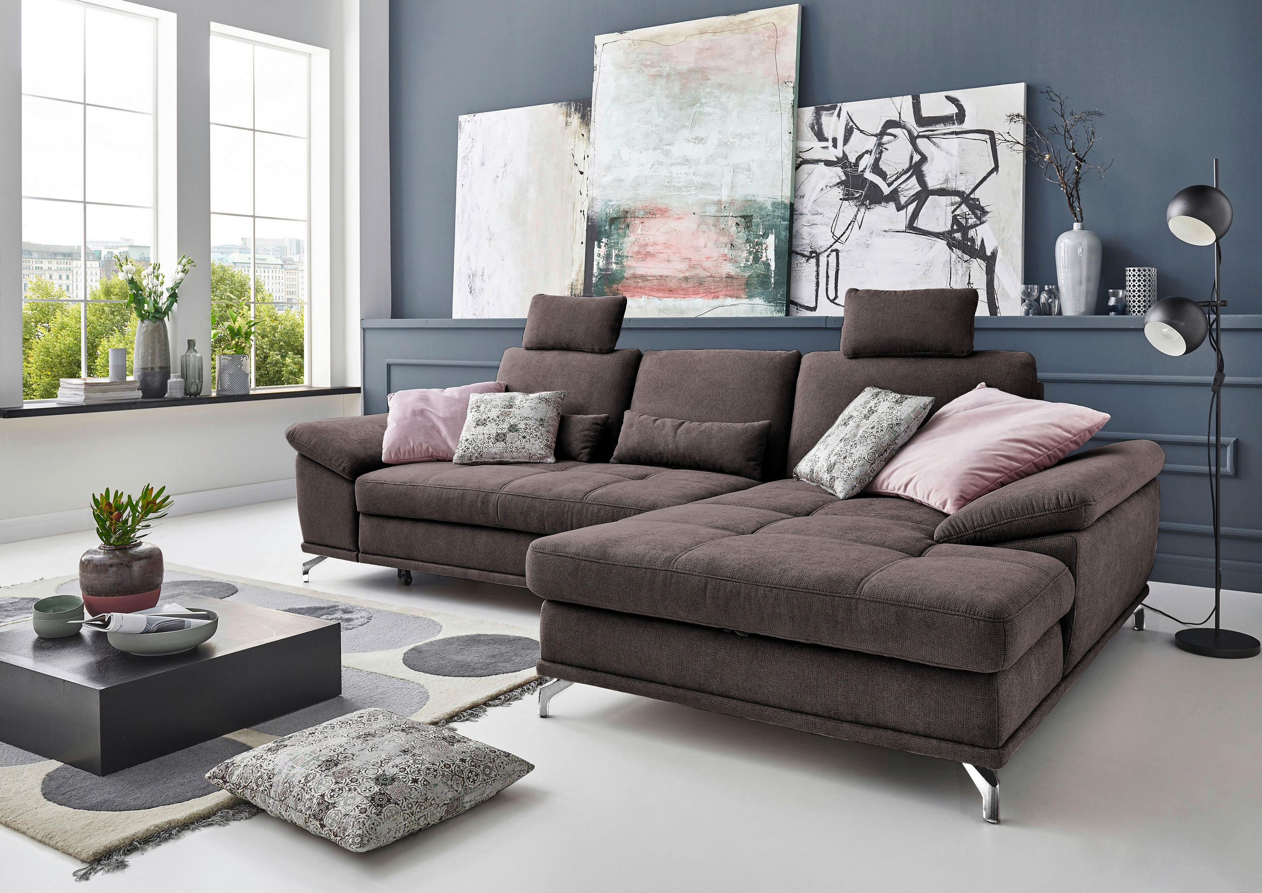 ECKSOFA Dunkelbraun Flachgewebe  - Dunkelbraun/Silberfarben, KONVENTIONELL, Textil/Metall (301/176cm) - Sit & More
