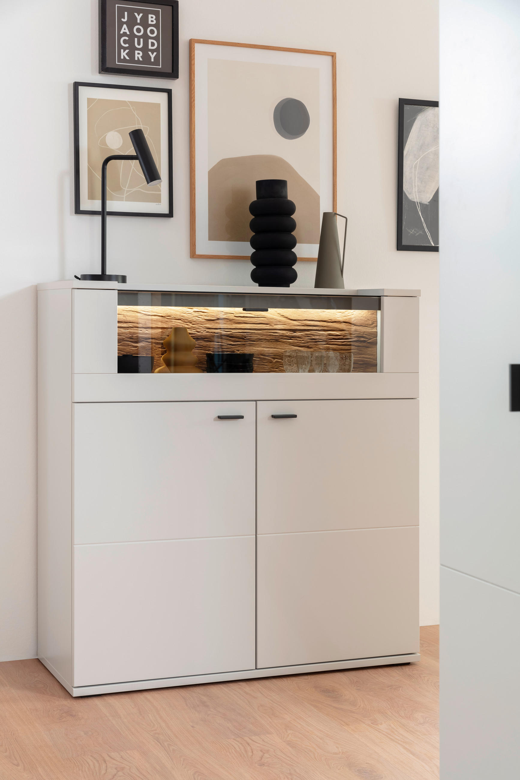 HIGHBOARD Weiß, Eichefarben  110/118/44 cm  - Eichefarben/Anthrazit, Design, Glas/Holzwerkstoff (110/118/44cm) - Stylife