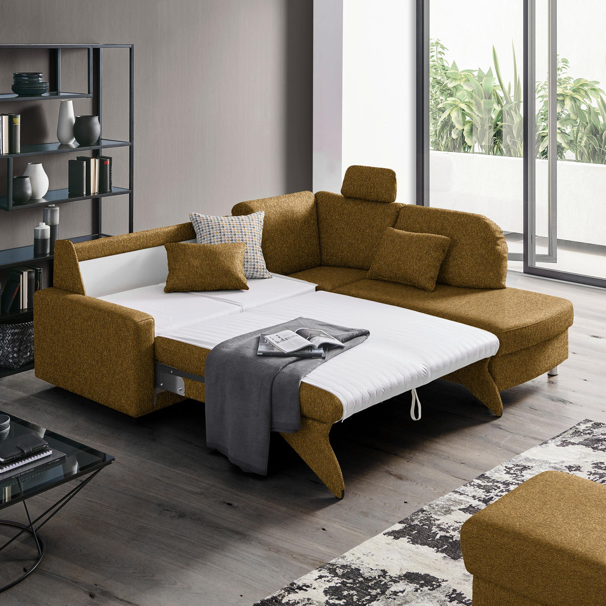 ECKSOFA  in Mikrovelours Senfgelb  227/208 cm  - Senfgelb/Alufarben, KONVENTIONELL, Textil/Metall (227/208cm) - Sedda