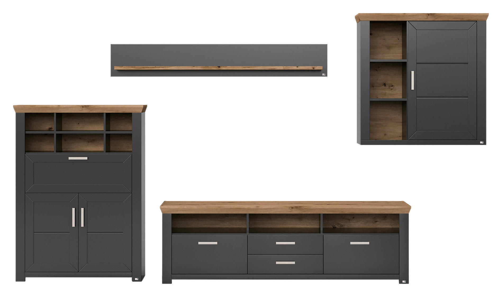 WOHNWAND  in Graphitfarben, Eiche Artisan  374/207/51,2 cm  - Graphitfarben/Eiche Artisan, Design, Holzwerkstoff/Metall (374/207/51,2cm) - SetOne by Musterring