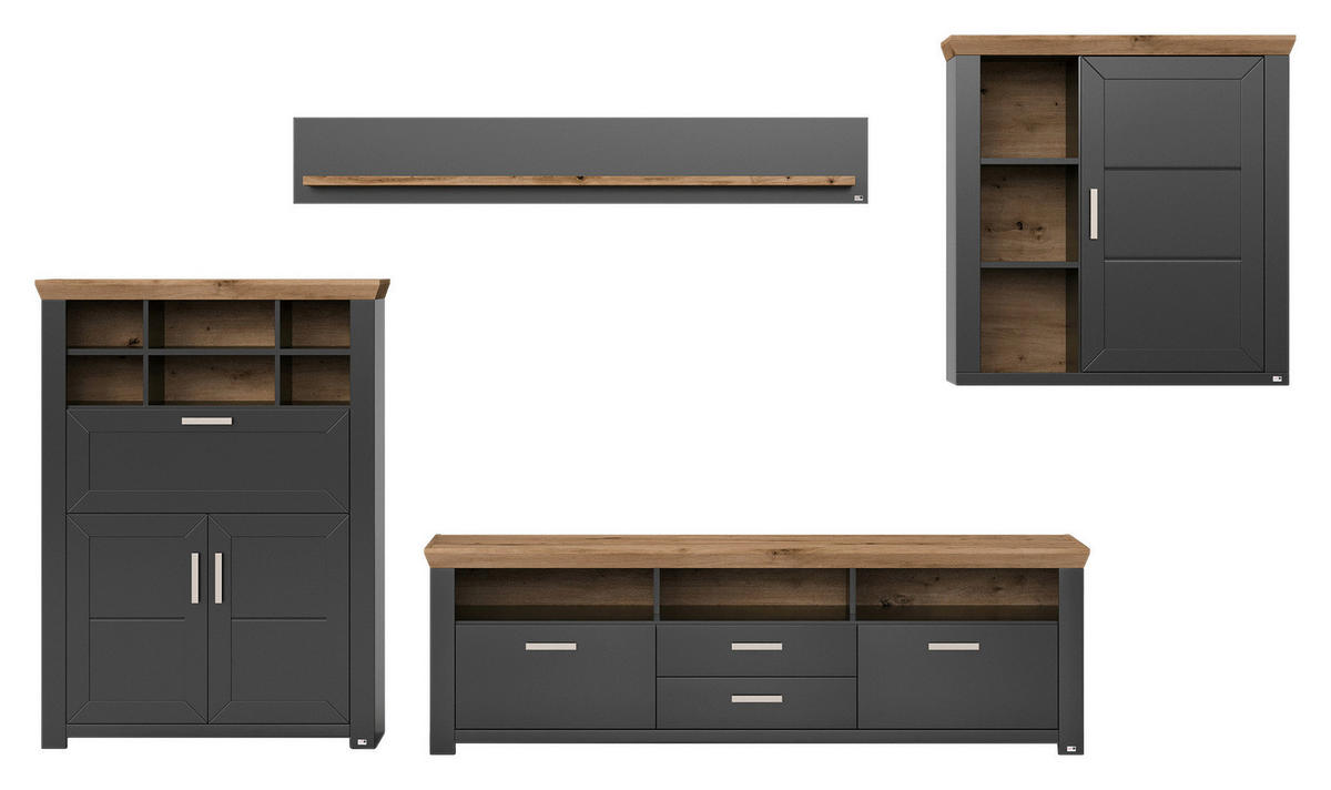 WOHNWAND  in Graphitfarben, Eiche Artisan  374/207/51,2 cm  - Graphitfarben/Eiche Artisan, Design, Holzwerkstoff/Metall (374/207/51,2cm) - SetOne by Musterring