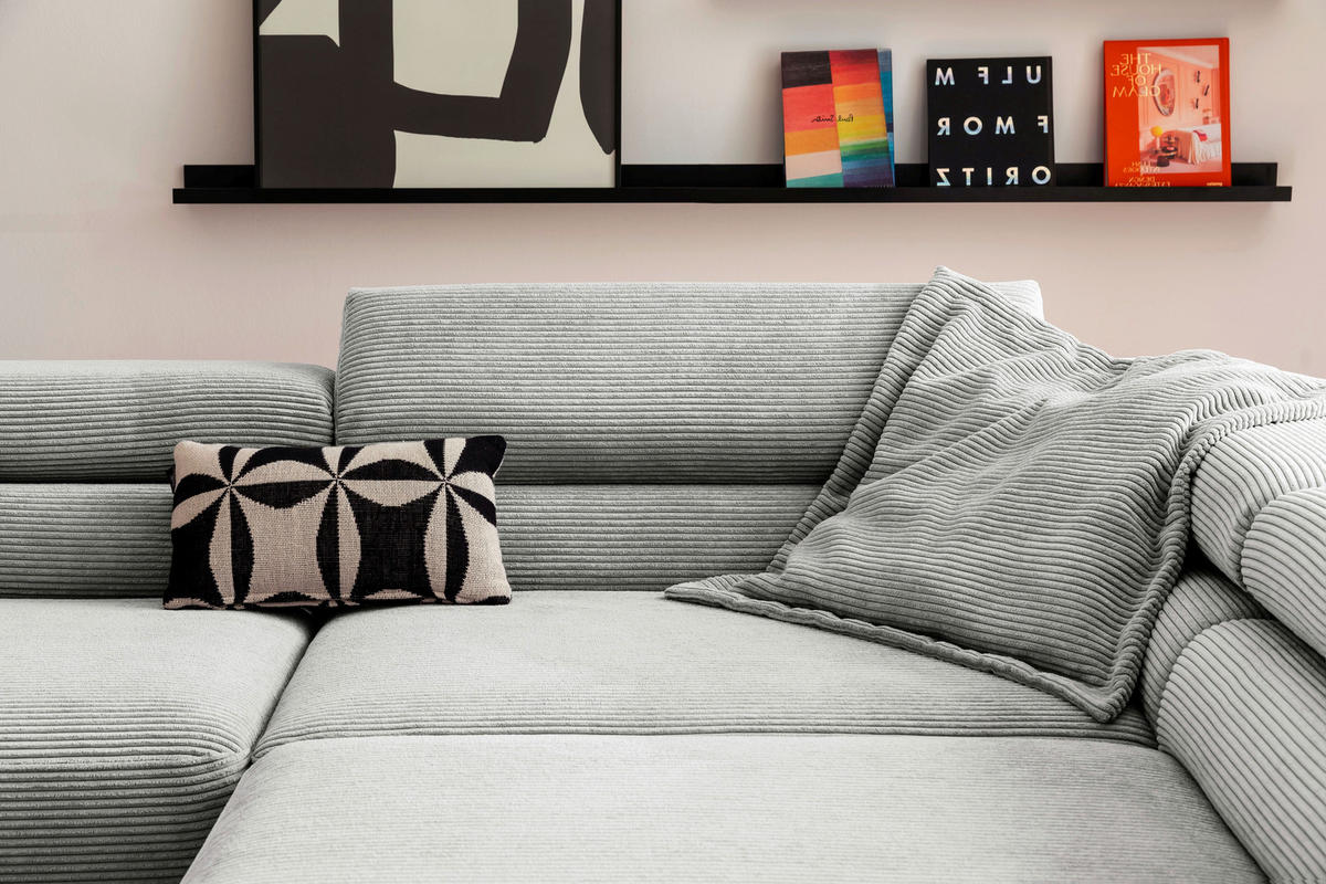 ECKSOFA inkl. Funktion Hellgrau Cord  - Hellgrau/Schwarz, MODERN, Textil/Metall (309/219cm) - Pure Home Lifestyle