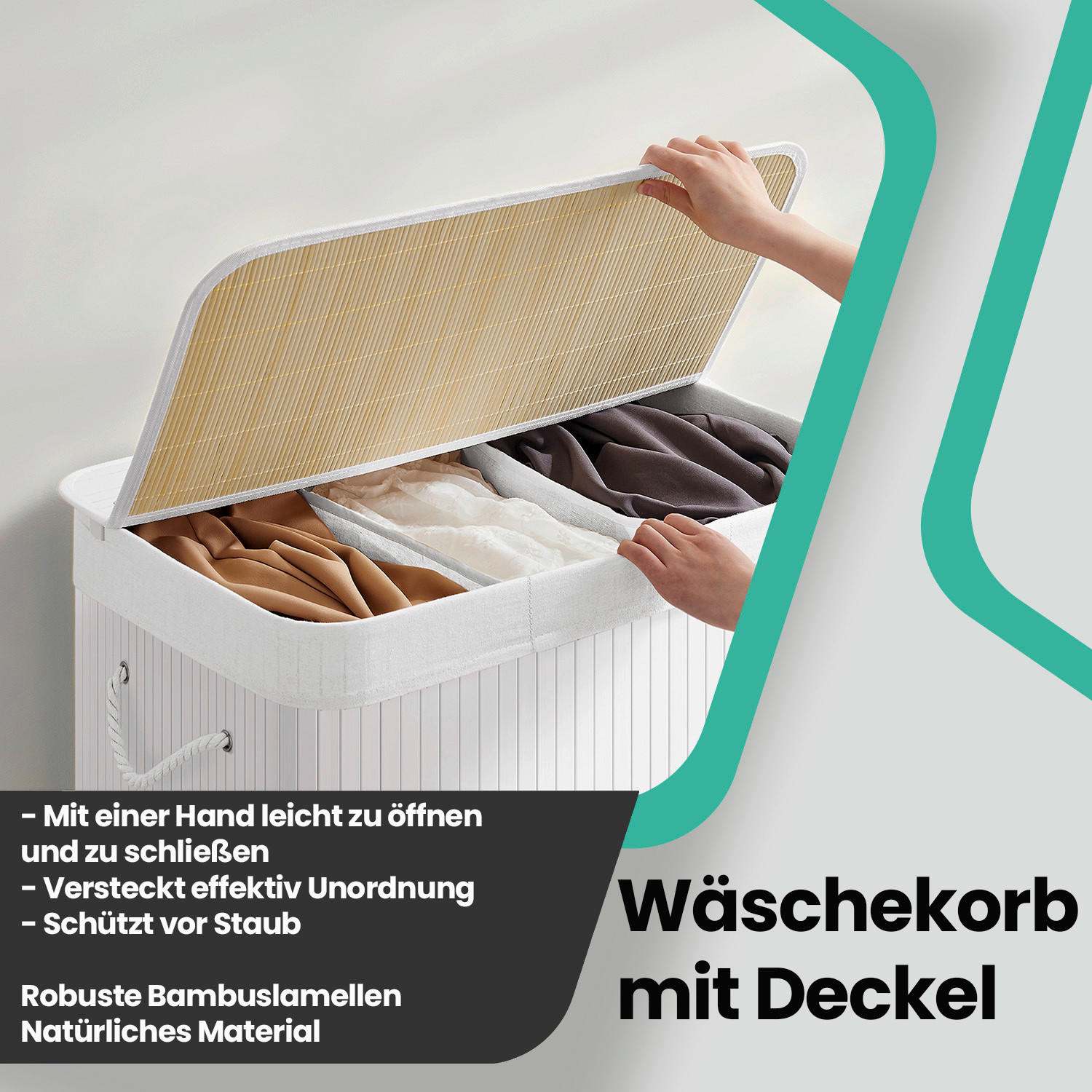 Thumbnail - Wäschekorb, Weiß, Metall, Textil, Naturmaterialien, 150 L, 60x61.5x40 cm, Tragegriffe, Deckel, Innenfutter, Ordnen & Auf...