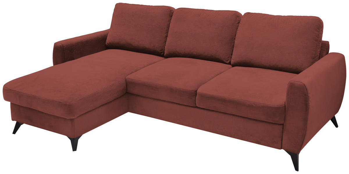 ECKSCHLAFSOFA JEFFREY Mikrovelours Rotbraun  inkl. Zierkissen, Rückenkissen, Stauraum  - Rotbraun/Schwarz, KONVENTIONELL, Textil/Metall (230/150cm) - Livetastic