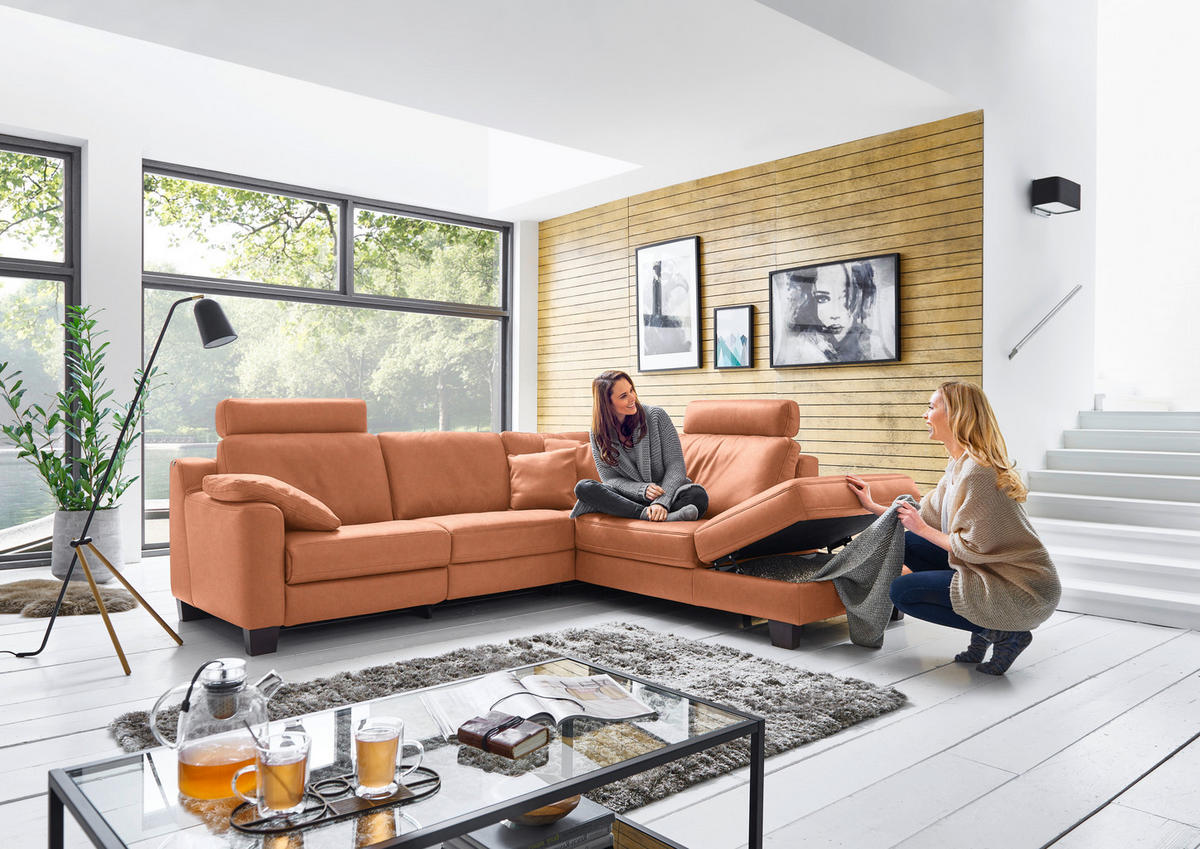 ECKSOFA in Echtleder Cognac  - Eichefarben/Cognac, Design, Leder/Holz (259/235cm) - Valdera