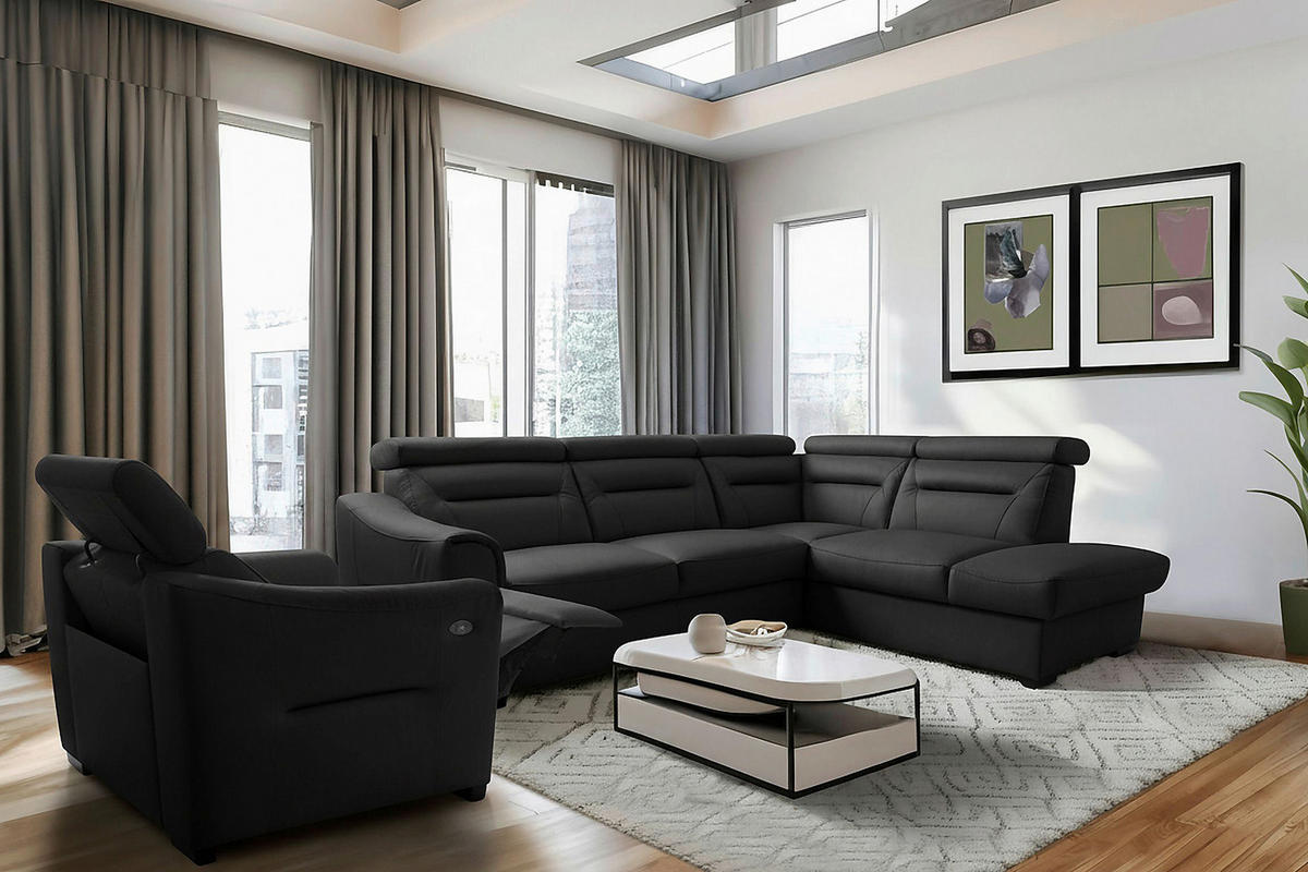 ECKSOFA Schwarz Echtleder Lederlook Bettkasten, Schlaffunktion, Rücken echt, Kopfteilverstellung  - Wengefarben/Schwarz, Design, Leder/Holz (260/212cm) - Celina Home