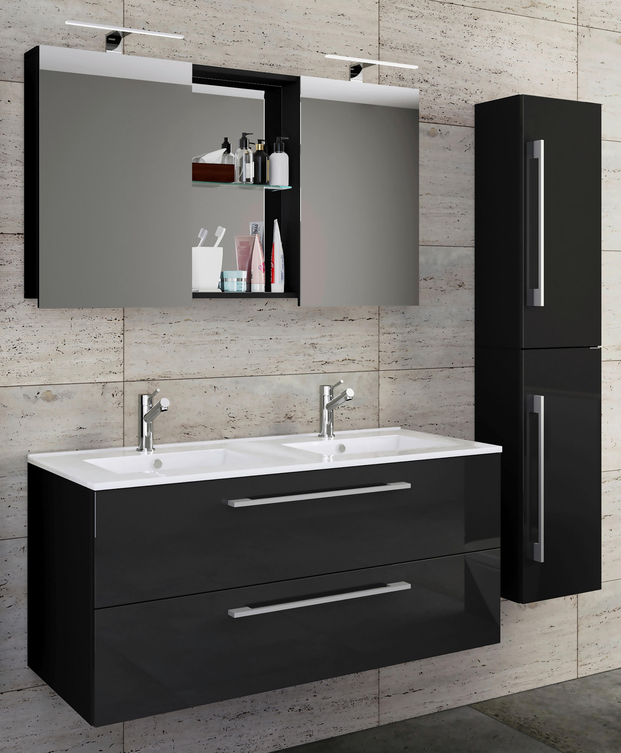BADEZIMMER 4-teilig  in 145 cm  - Alufarben/Schwarz, MODERN, Keramik/Holzwerkstoff (145cm) - MID.YOU