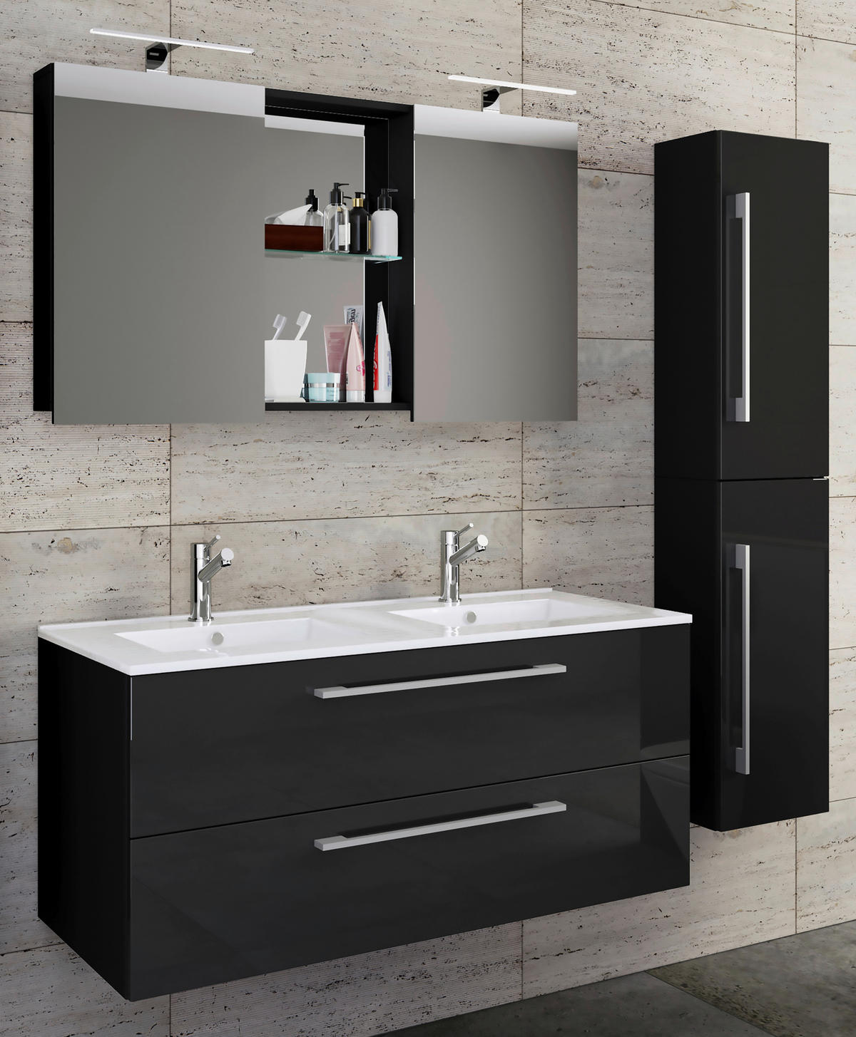 BADEZIMMER 4-teilig  in 145 cm  - Alufarben/Schwarz, MODERN, Keramik/Holzwerkstoff (145cm) - MID.YOU