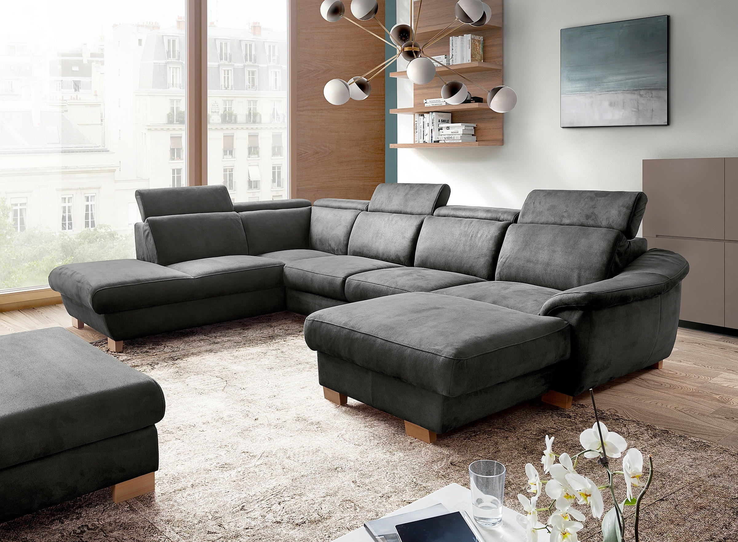 WOHNLANDSCHAFT Mikrofaser Anthrazit  - Anthrazit/Naturfarben, Design, Holz/Textil (273/347/238cm) - Livetastic