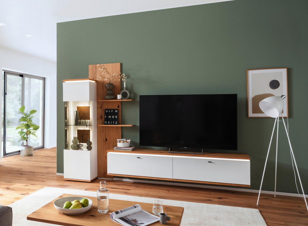 WOHNWAND  in Weiss, Eiche Bianco 303/203/50 cm  - Weiss/Eiche Bianco, Design, Glas/Holz (303/203/50cm) - Novel