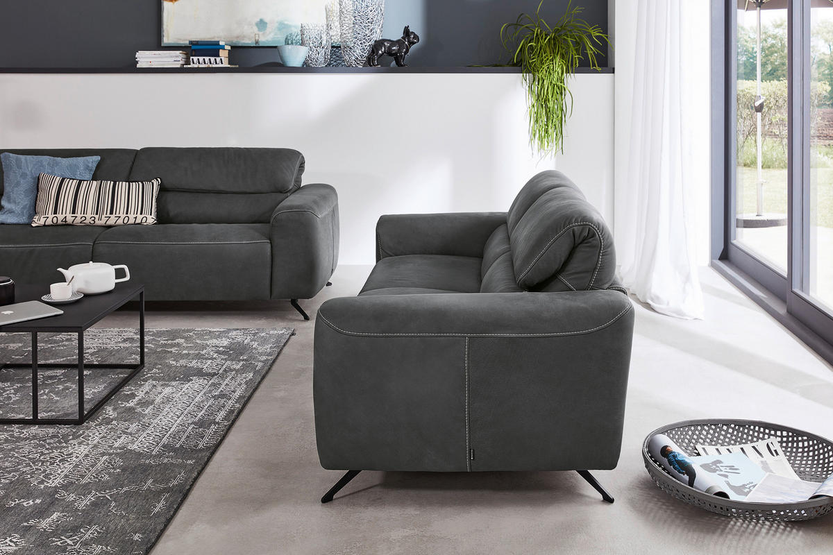 2,5-SITZER Graphitfarben Echtleder  - Beige/Schwarz, Design, Leder/Metall (204/82/96cm) - Musterring