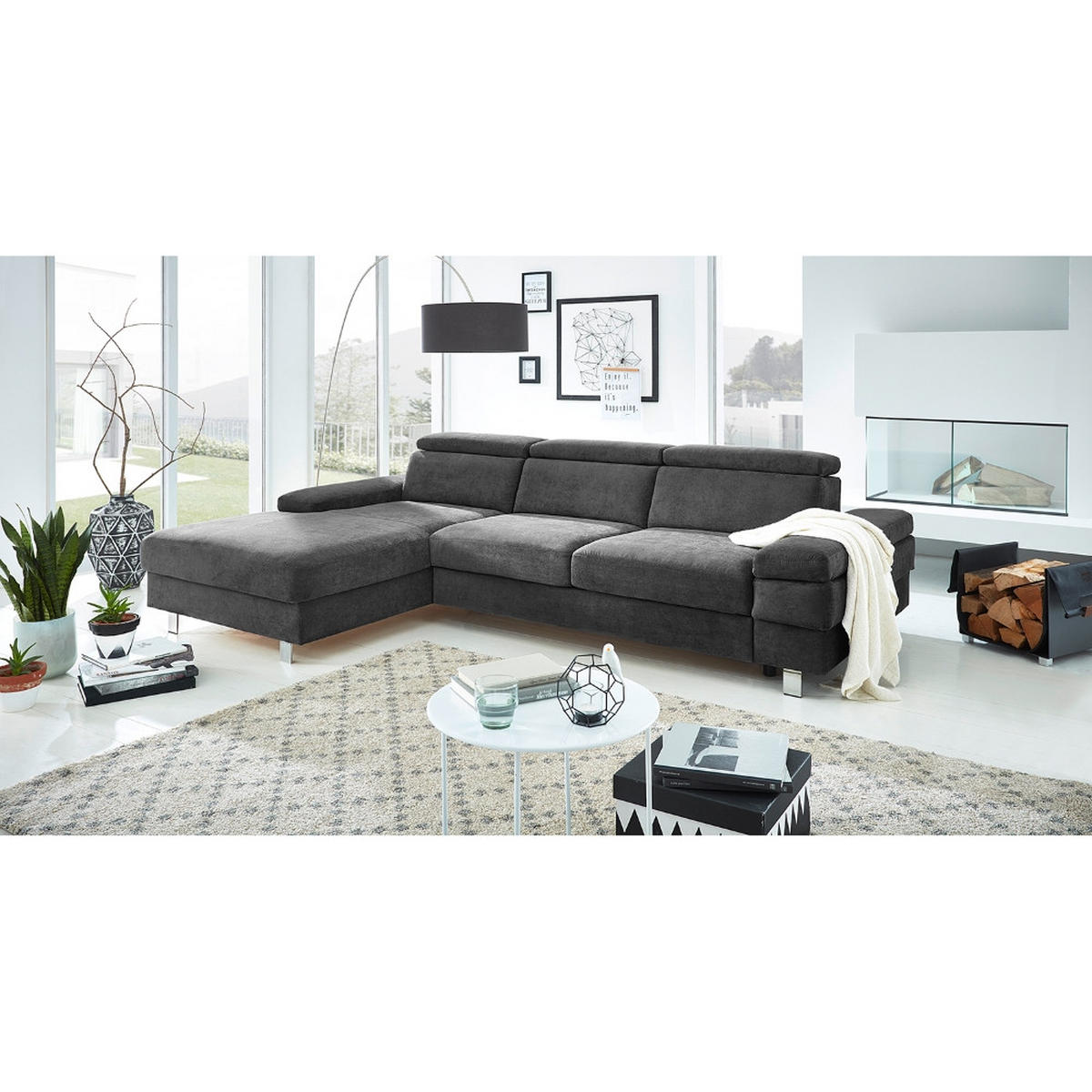 ECKSOFA in Webstoff Anthrazit  - Anthrazit/Silberfarben, Konventionell, Textil/Metall (260/82/182cm) - Trendmanufaktur