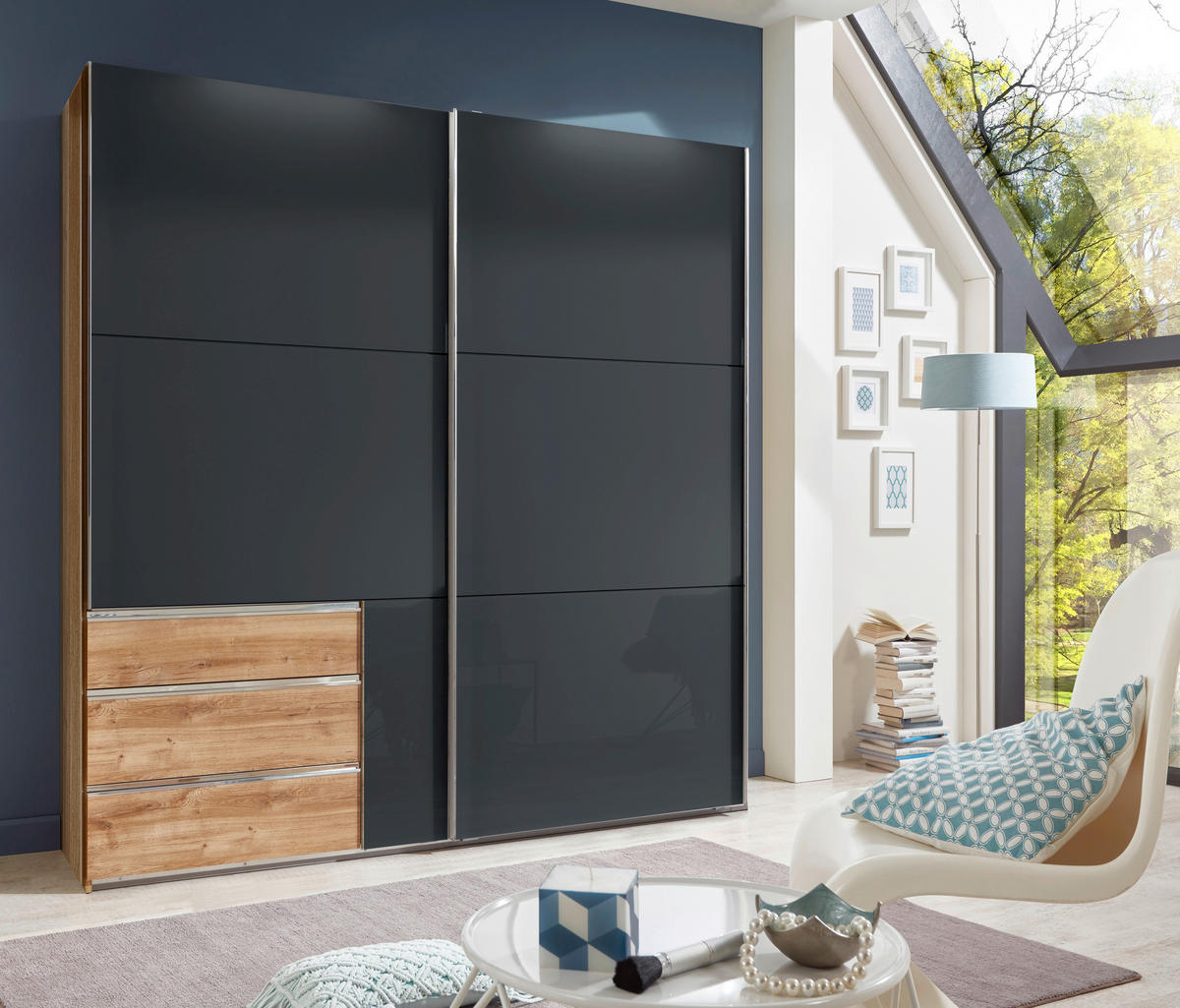 SCHWEBETÜRENSCHRANK in Grau, Eichefarben  - Chromfarben/Eichefarben, Modern, Holzwerkstoff (200/236/65cm) - MID.YOU