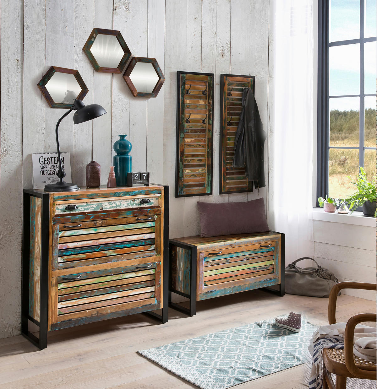 SCHUHSCHRANK Altholz massiv Multicolor, Schwarz  - Multicolor/Schwarz, Design, Holz/Metall (85/96/35cm) - MID.YOU