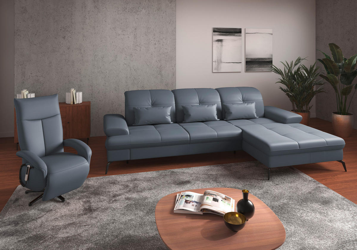 ECKSOFA in Echtleder Graublau  - Graublau/Schwarz, Konventionell, Leder/Metall (279/185cm) - Sit & More