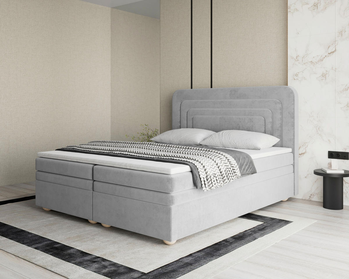 BOXBETT 180/200 cm,  in Grau, gepolstertes Kopfteil, Bettkasten, Topper, H2 + H3 = mittel + fest  - Braun/Grau, MODERN, Holz/Kunststoff (180/200cm) - Livetastic