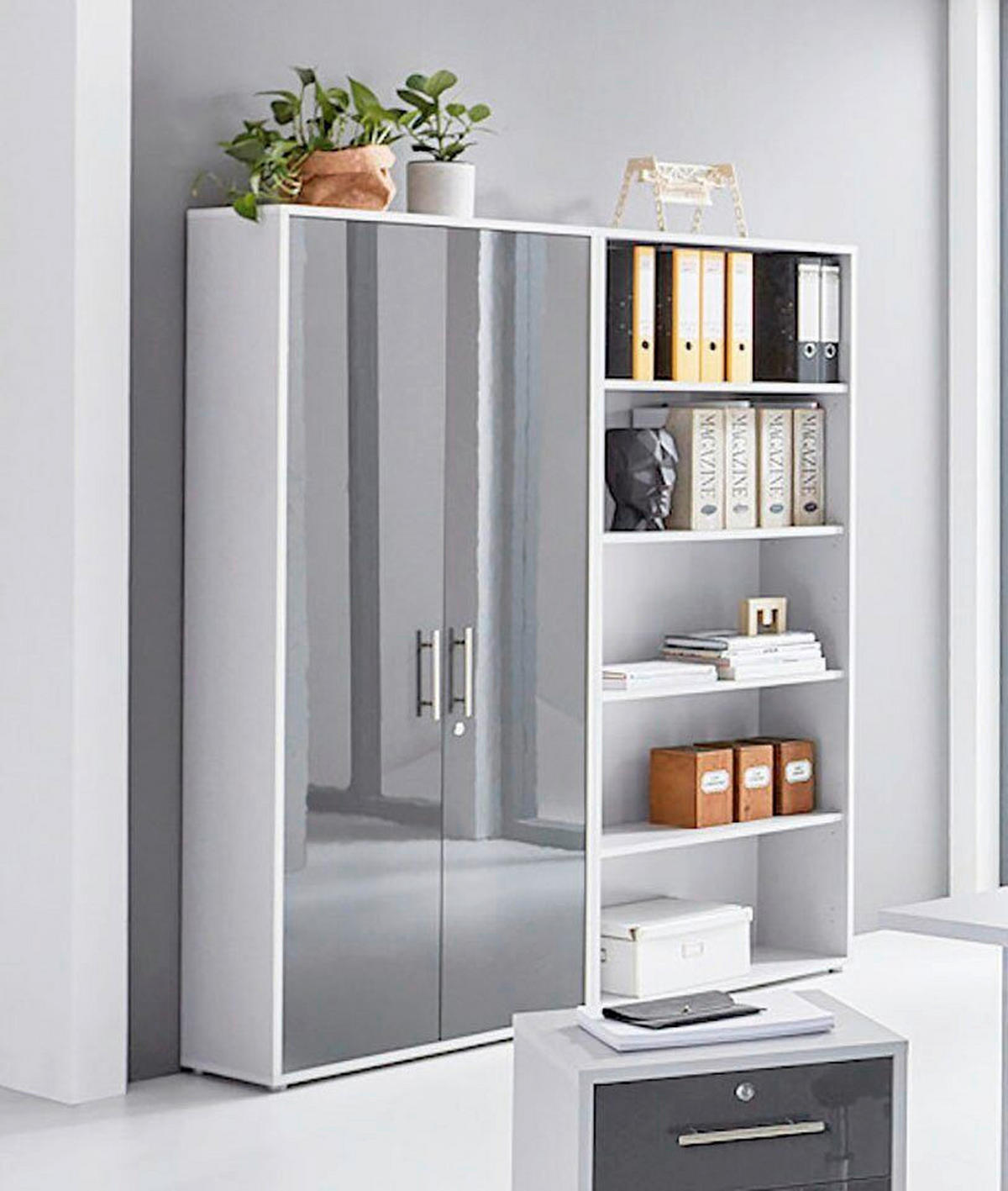 BÜRO erweiterbar, abschließbar Grau, Anthrazit Hochglanz - Anthrazit Hochglanz/Grau, MODERN, Holzwerkstoff/Metall - MID.YOU