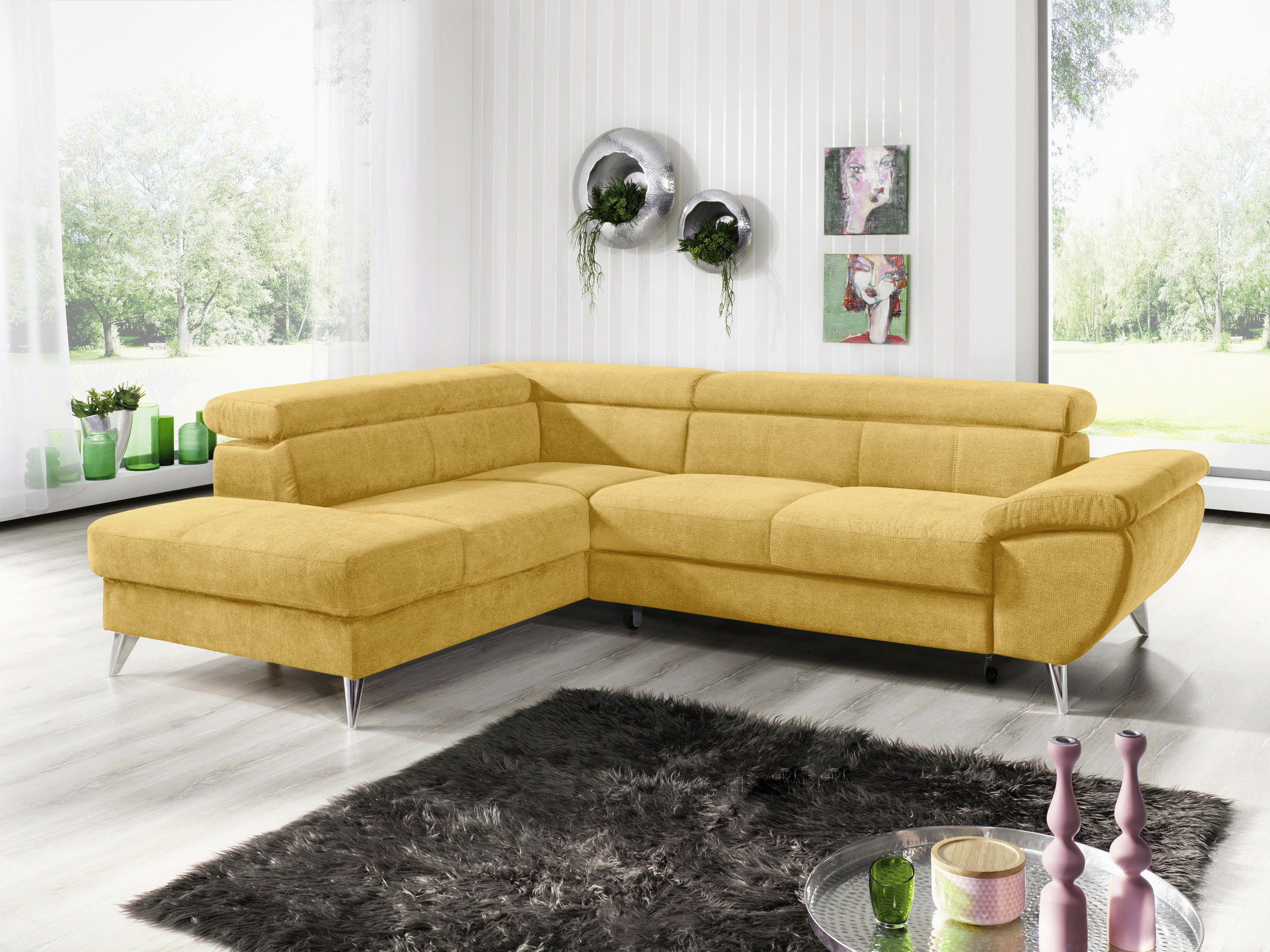 SEDACIA SÚPRAVA, textil, žltá - žltá/chrómová, Basics, kov/textil (207/75-93/260cm) - Welnova