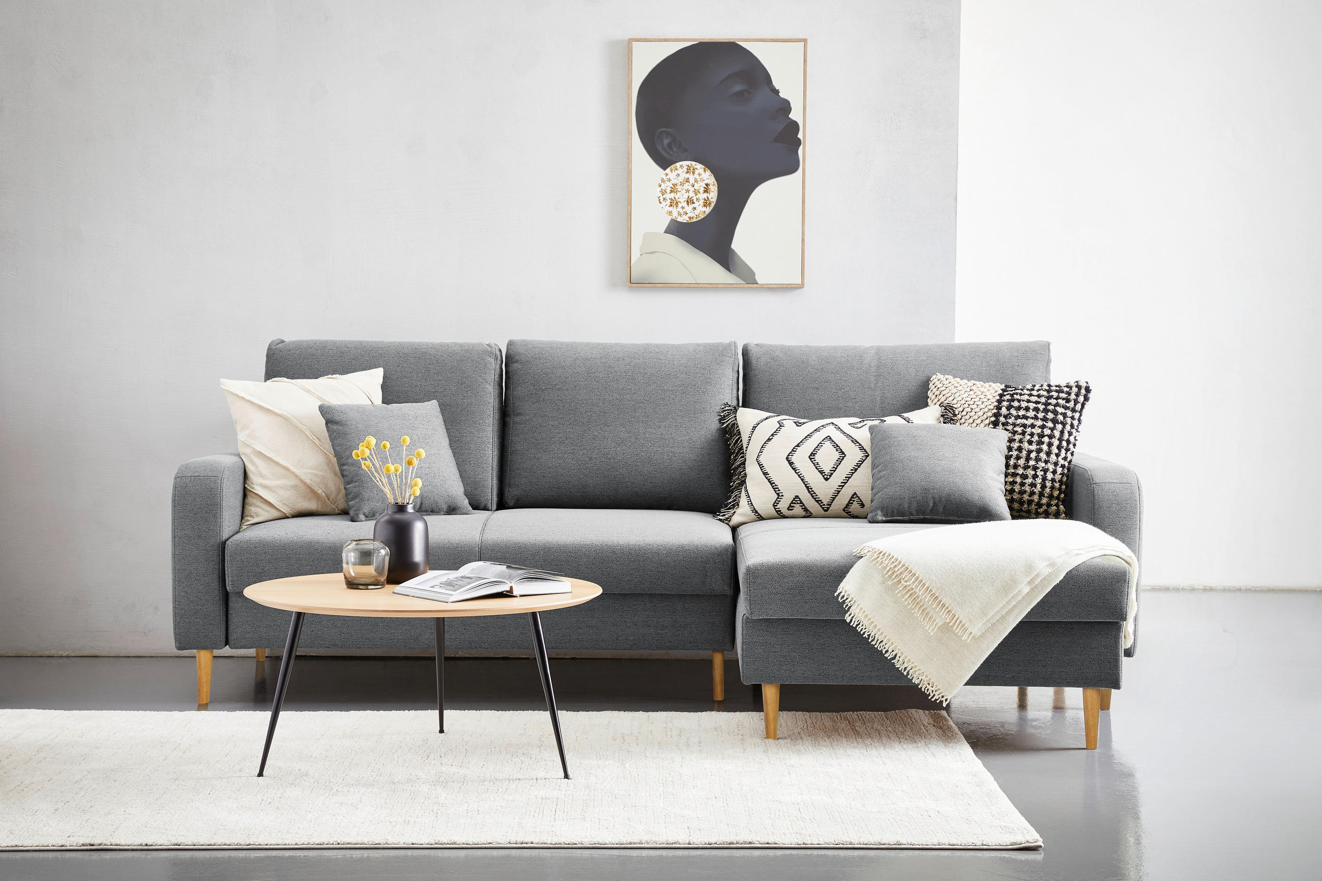 ECKSOFA in Flachgewebe Grau  - Eiche Wotan/Grau, Konventionell, Holz/Textil (255/157cm) - Carryhome