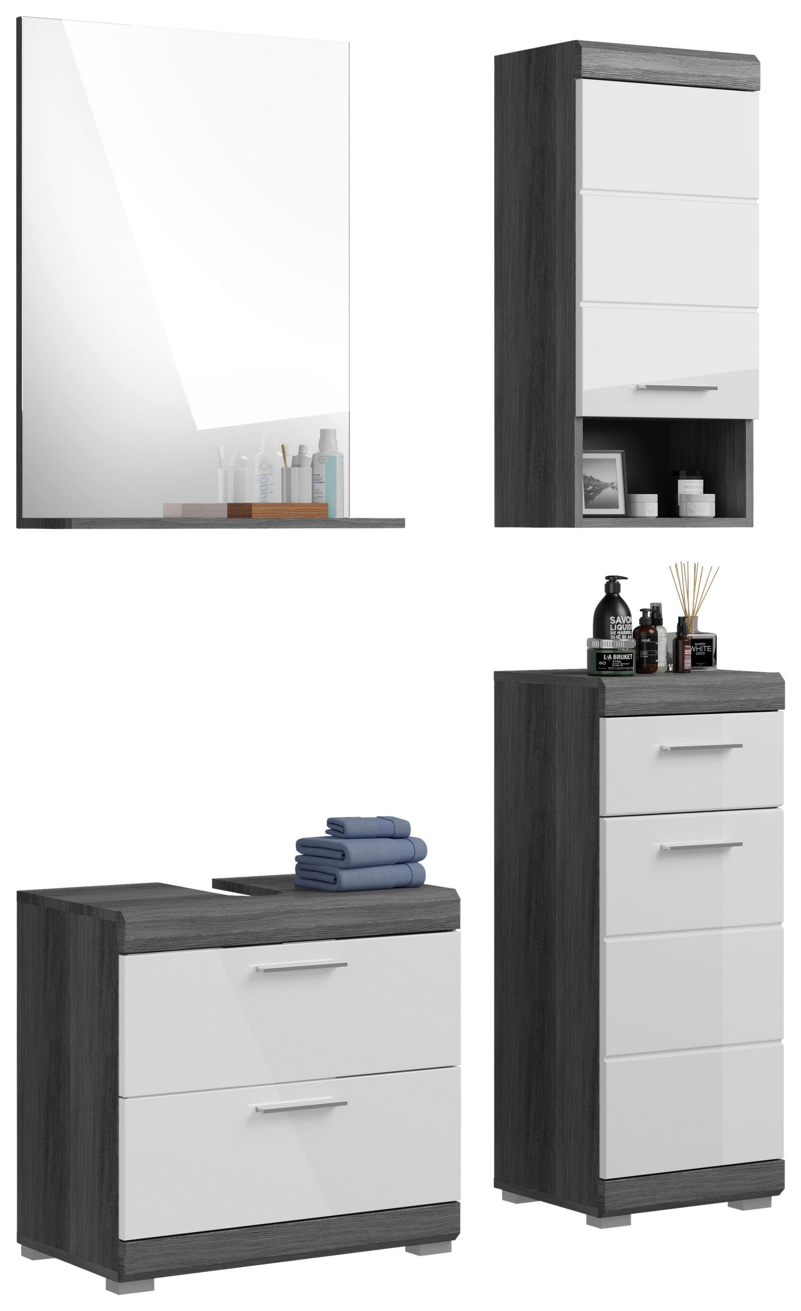 BADEZIMMER 4-teilig in 97 cm - Weiß Hochglanz/Grau, MODERN, Holzwerkstoff/Kunststoff (97cm) - MID.YOU