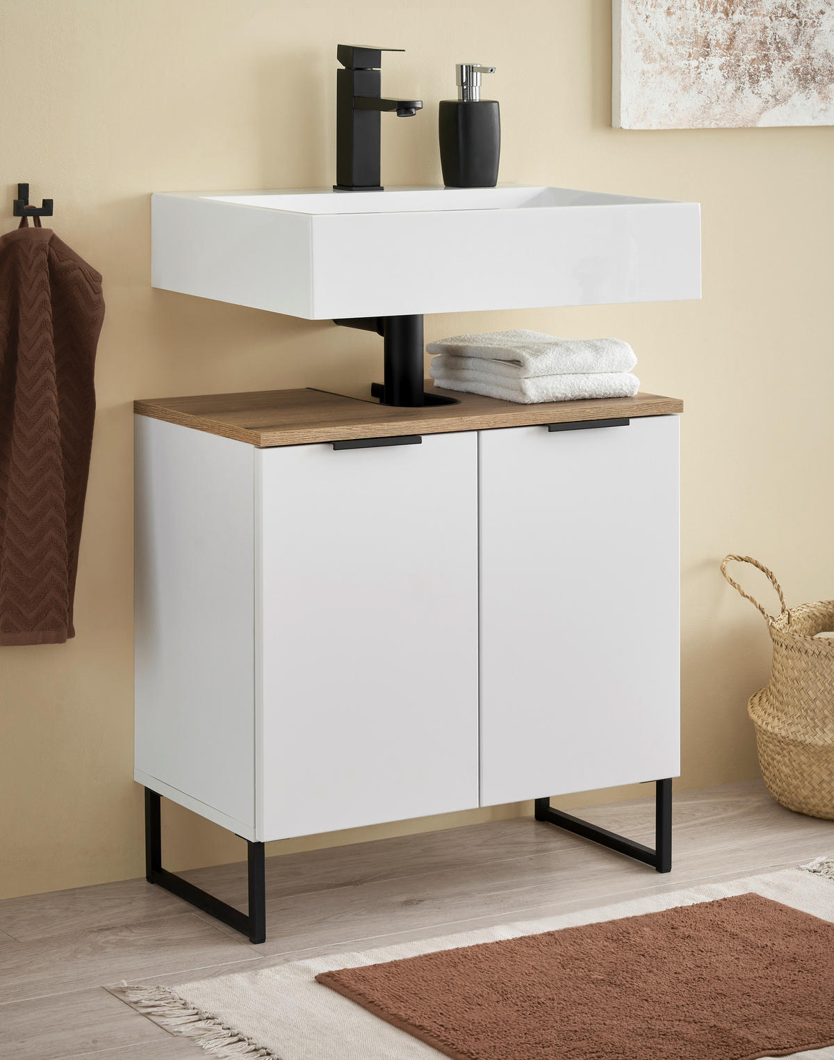 WASCHBECKENUNTERSCHRANK 60/60/35 cm  - Eichefarben/Schwarz, KONVENTIONELL, Holzwerkstoff/Metall (60/60/35cm) - home24