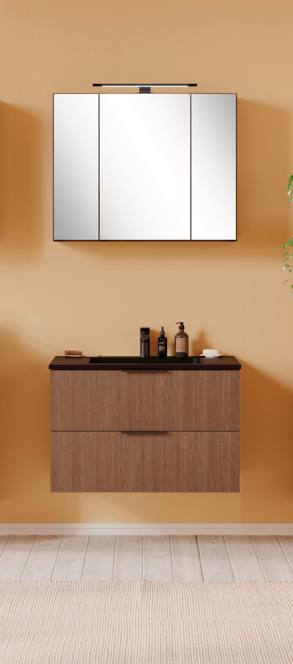 BADEZIMMER 3-teilig  in 80 cm  - Dunkelbraun/Schwarz, Natur, Glas/Holzwerkstoff (80cm) - Held