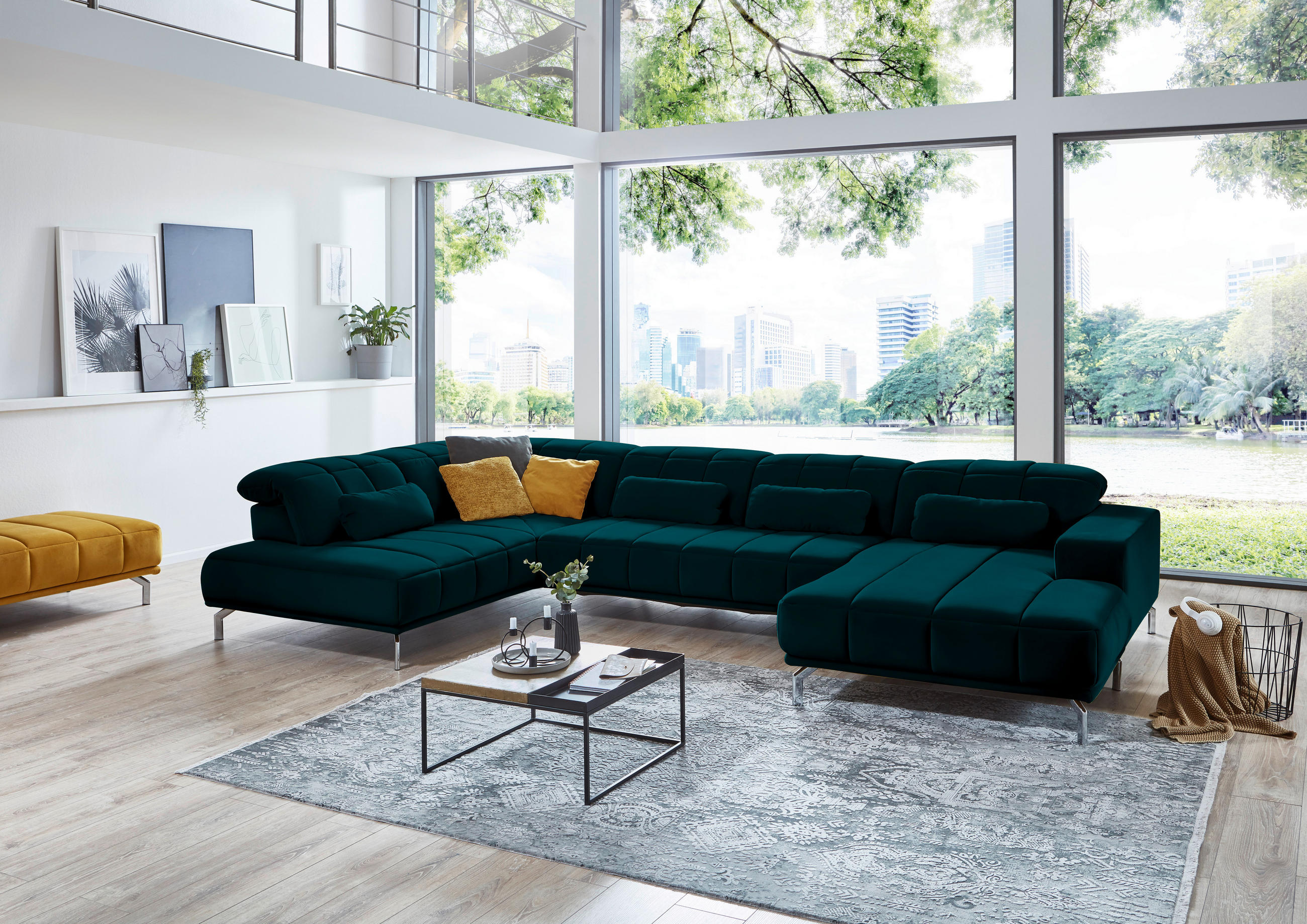 WOHNLANDSCHAFT in Velours Petrol  - Petrol/Schwarz, Design, Textil/Metall (219/383/195cm) - Beldomo Style