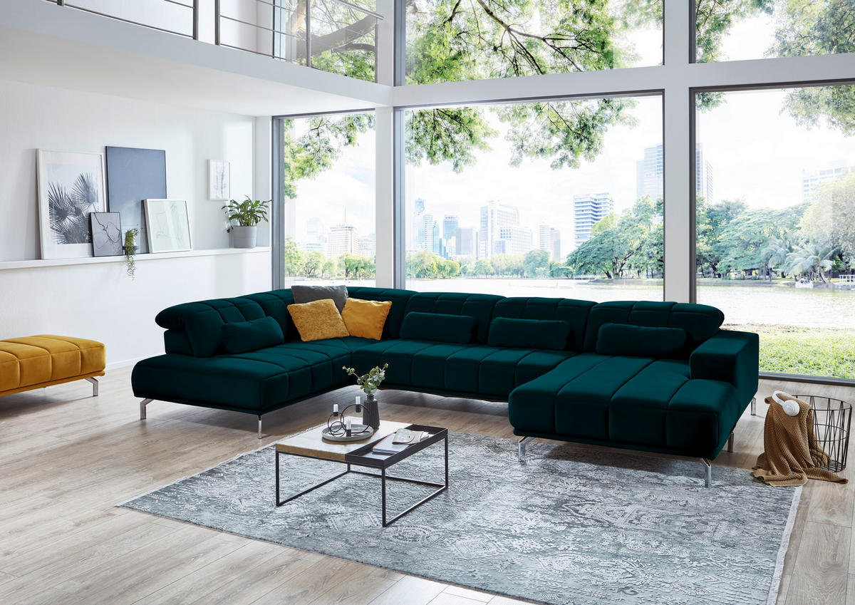 WOHNLANDSCHAFT Petrol Velours  - Petrol/Schwarz, Design, Textil/Metall (219/383/195cm) - Beldomo Style